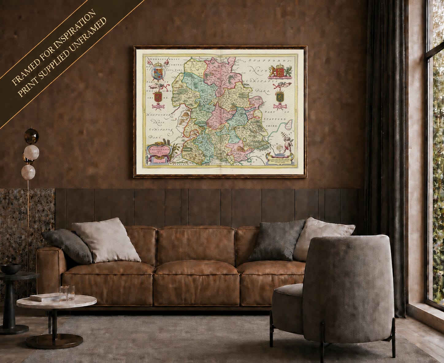 Joan Blaeu's old map of Shropshire shown framed; print supplied unframed
