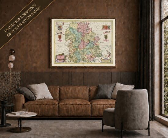 Joan Blaeu's old map of Shropshire shown framed; print supplied unframed