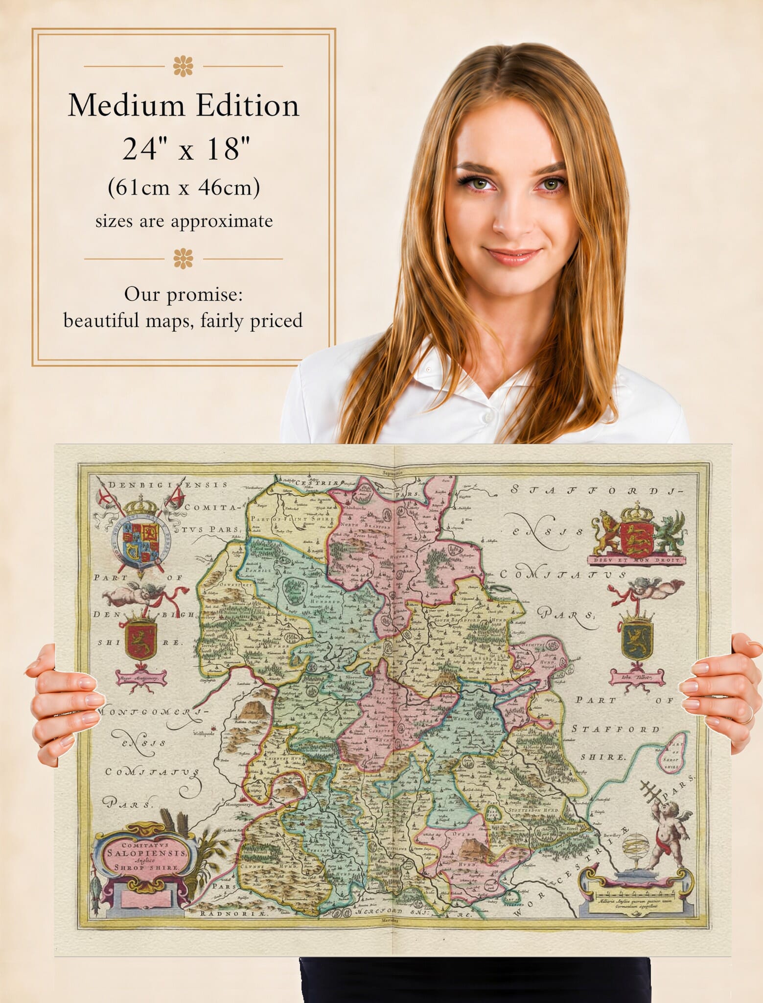 Lady holding the Medium Edition of Joan Blaeu's old map of Shropshire