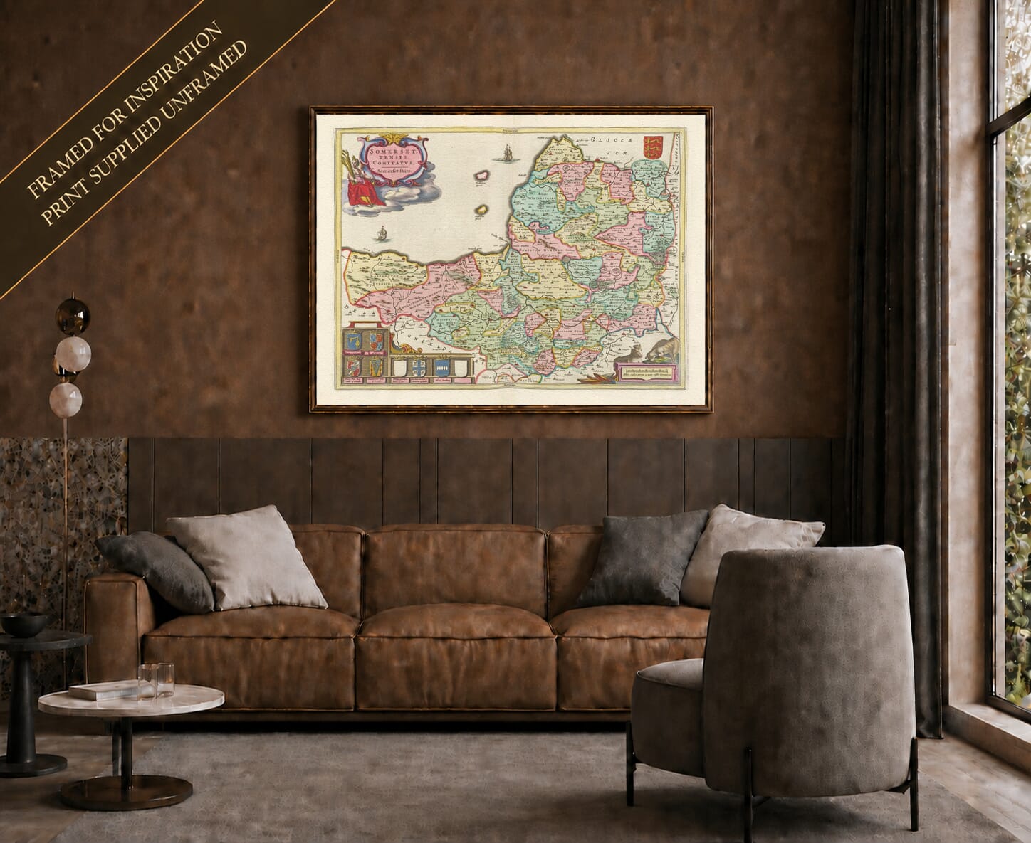 Joan Blaeu's old map of Somerset shown framed; print supplied unframed