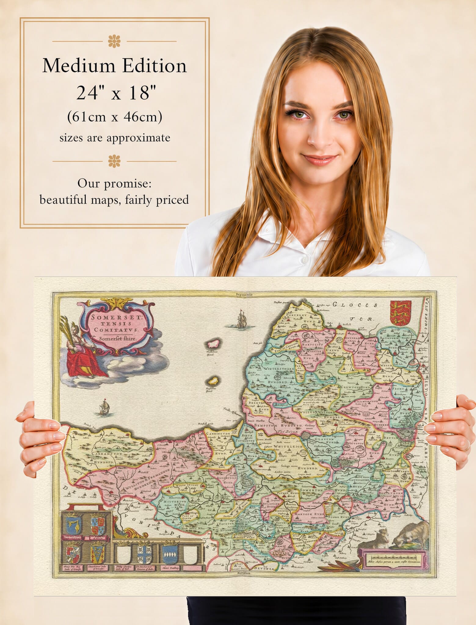 Lady holding the Medium Edition of Joan Blaeu's old map of Somerset