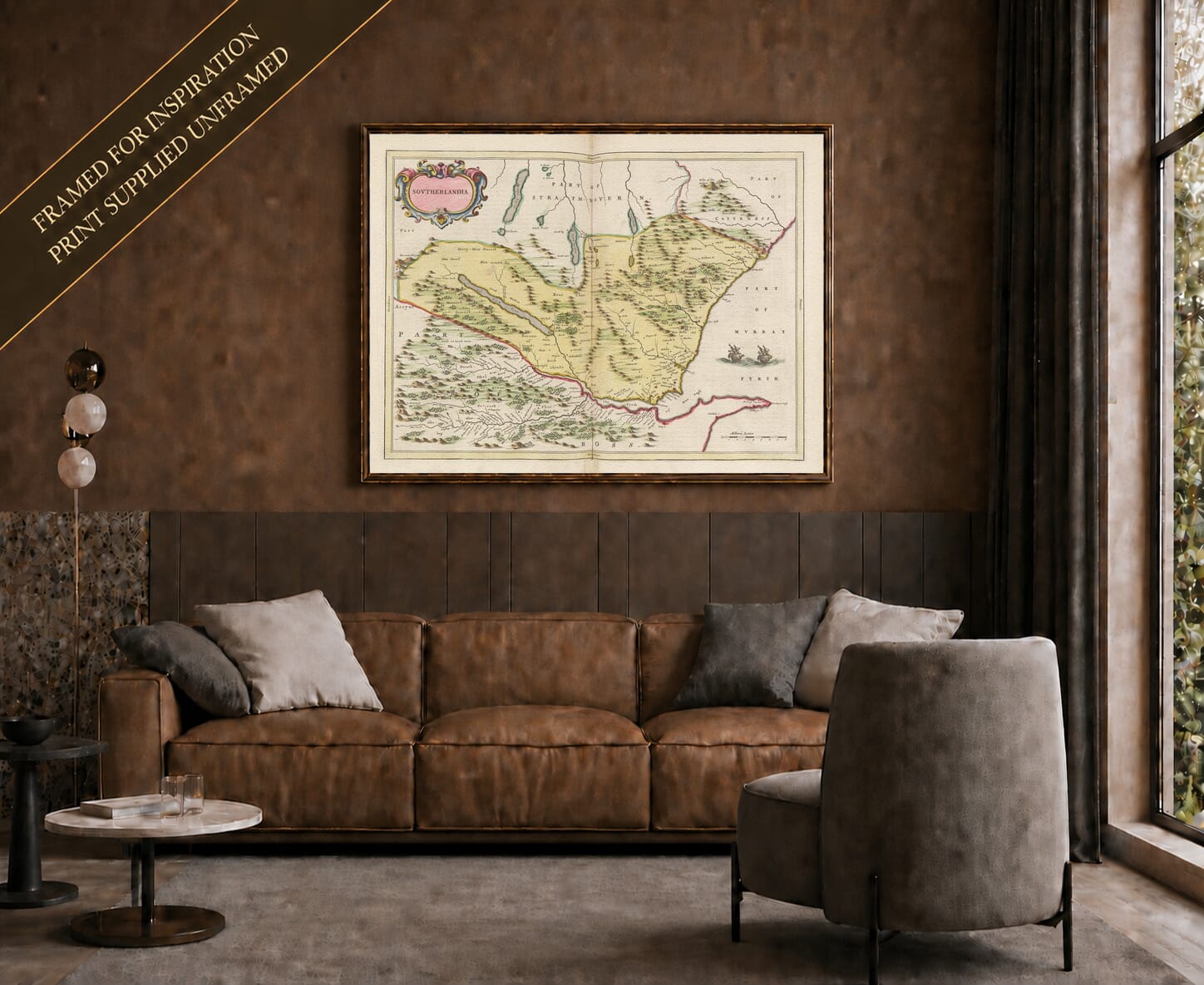 Joan Blaeu's old map of Southeast Sutherland shown framed; print supplied unframed