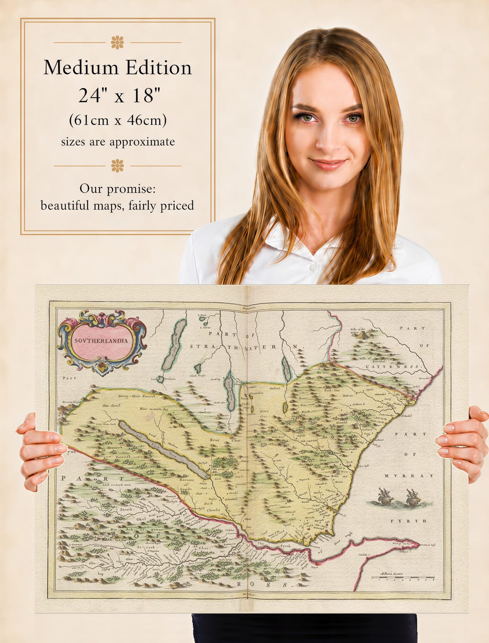 Lady holding the Medium Edition of Joan Blaeu's old map of Southeast Sutherland