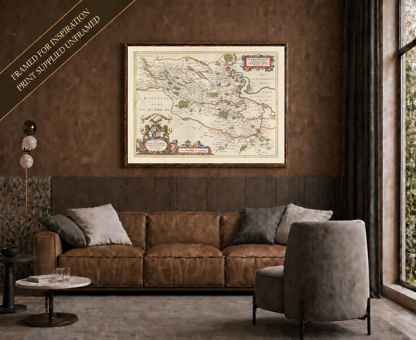 Joan Blaeu's old map of Stirlingshire shown framed; print supplied unframed