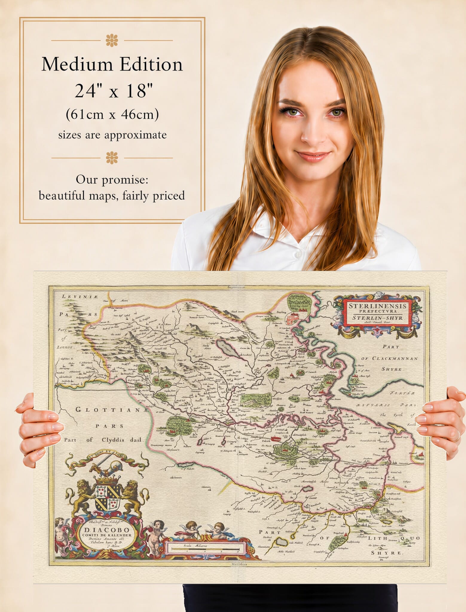 Lady holding the Medium Edition of Joan Blaeu's old map of Stirlingshire