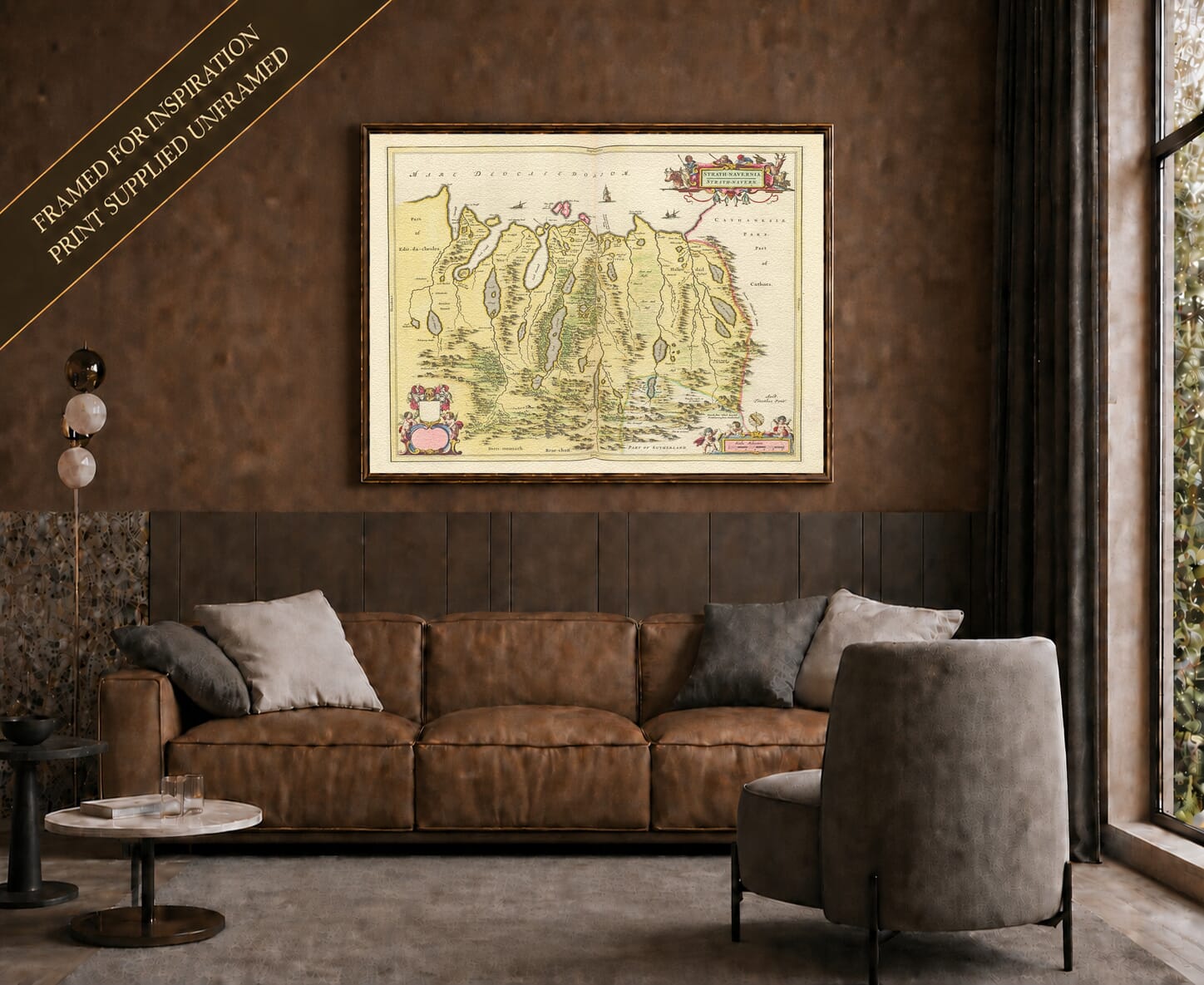 Joan Blaeu's old map of Strathnaver And Strathmore shown framed; print supplied unframed