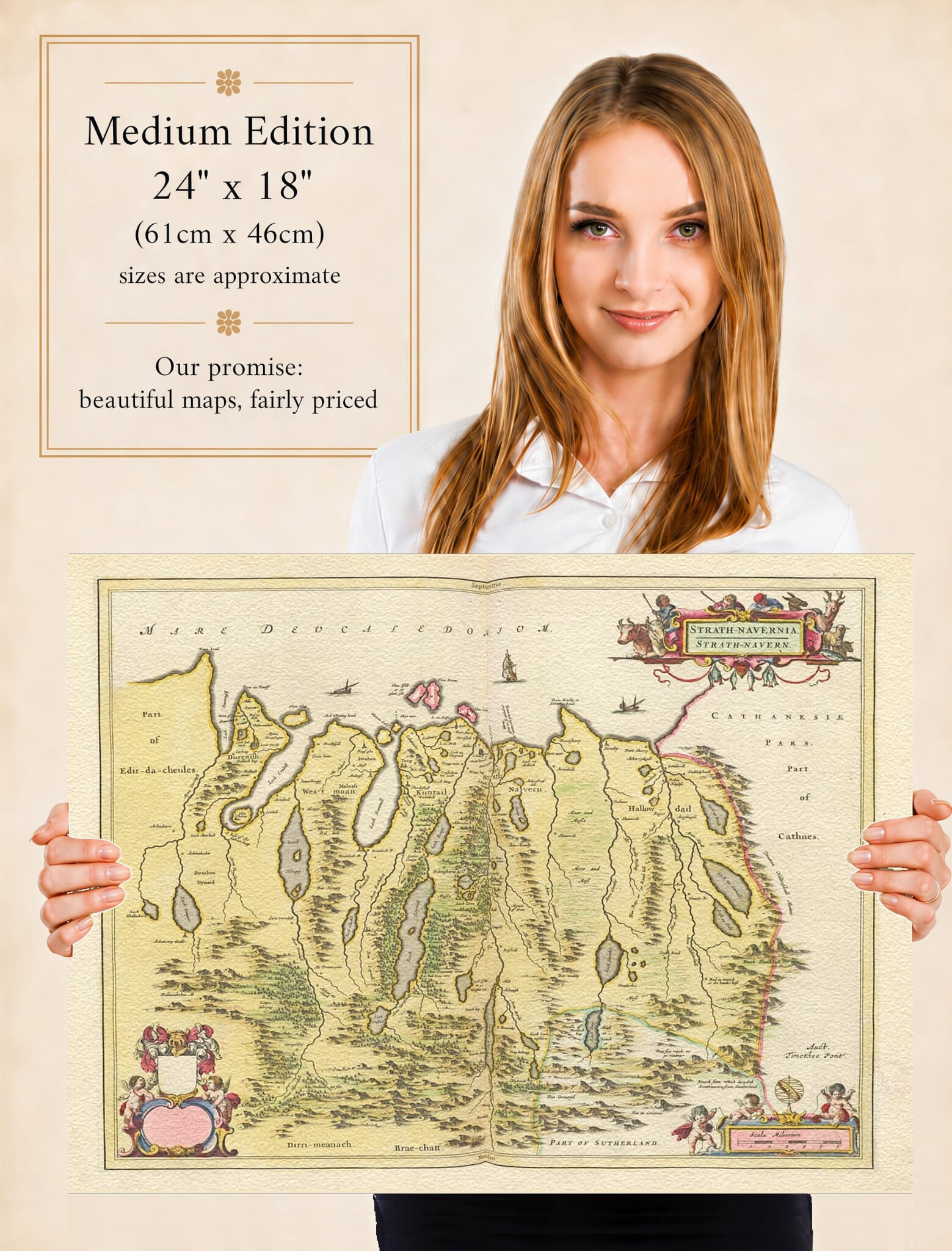 Lady holding the Medium Edition of Joan Blaeu's old map of Strathnaver And Strathmore