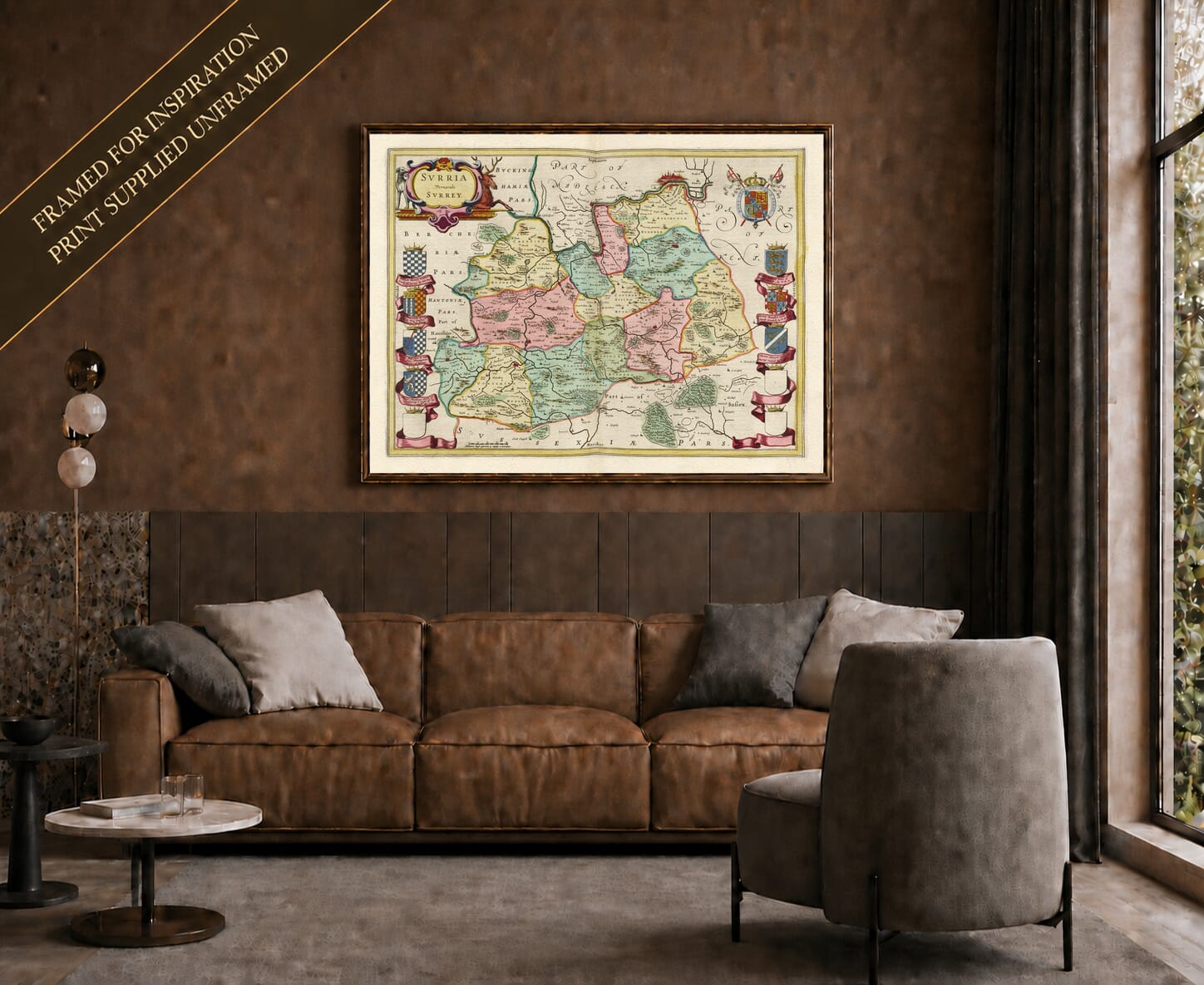 Joan Blaeu's old map of Surrey shown framed; print supplied unframed