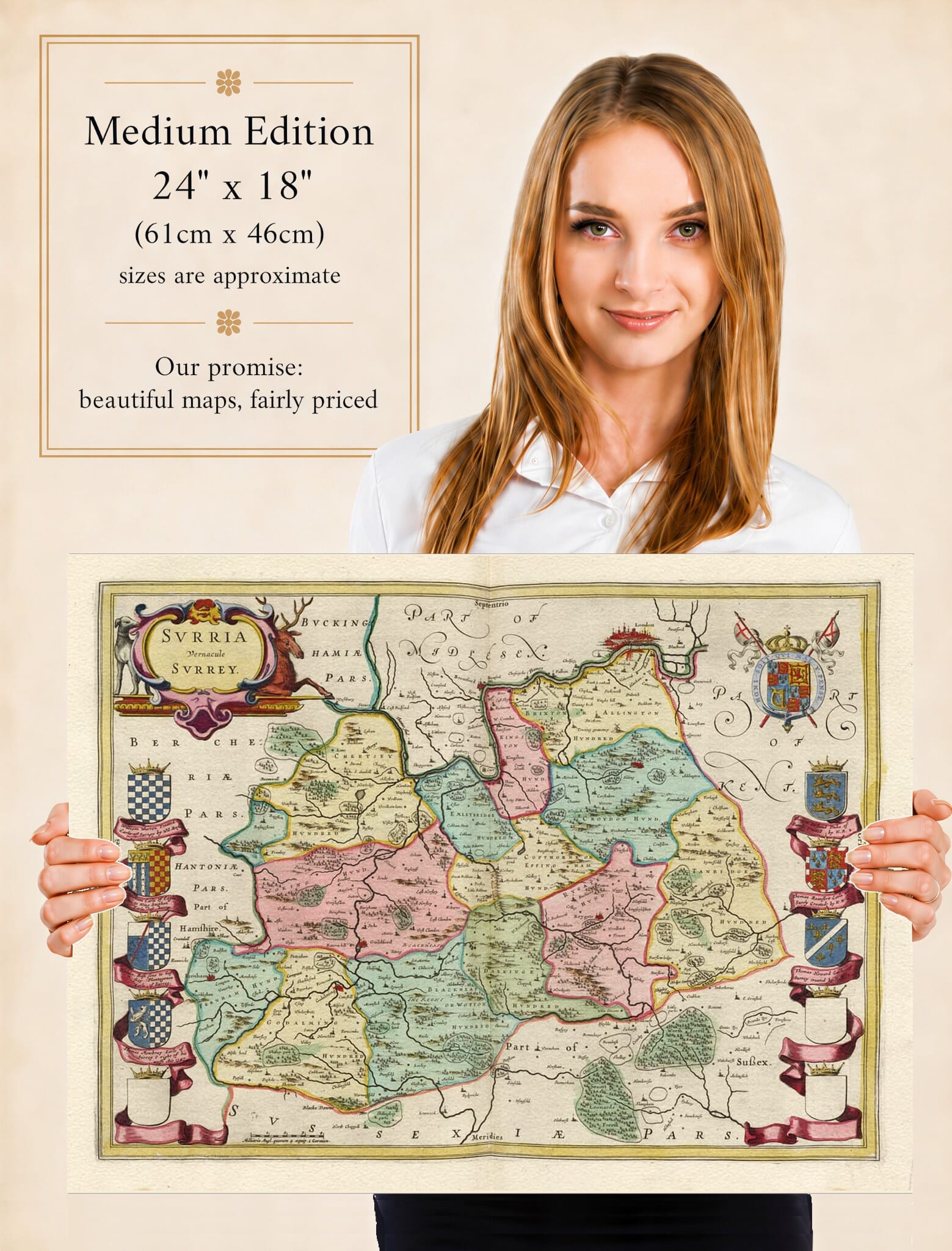 Lady holding the Medium Edition of Joan Blaeu's old map of Surrey