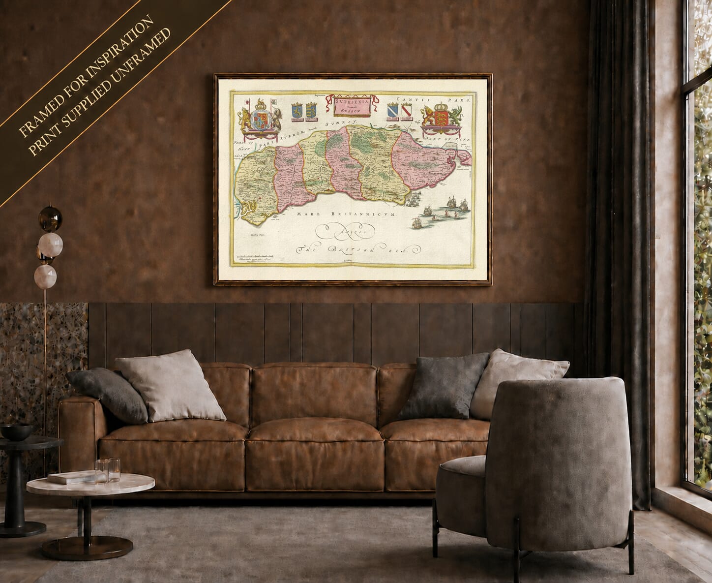 Joan Blaeu's old map of Sussex shown framed; print supplied unframed