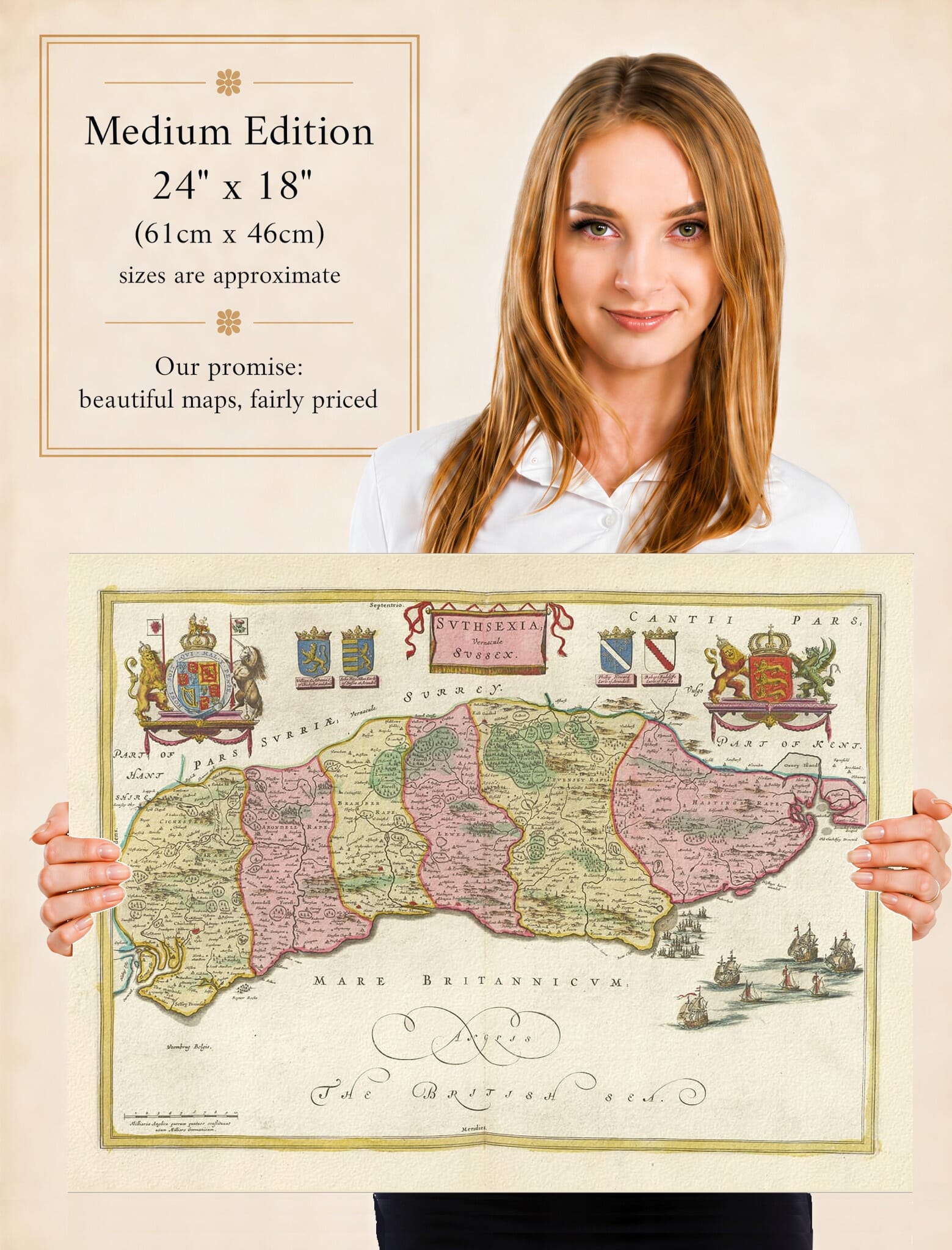 Lady holding the Medium Edition of Joan Blaeu's old map of Sussex