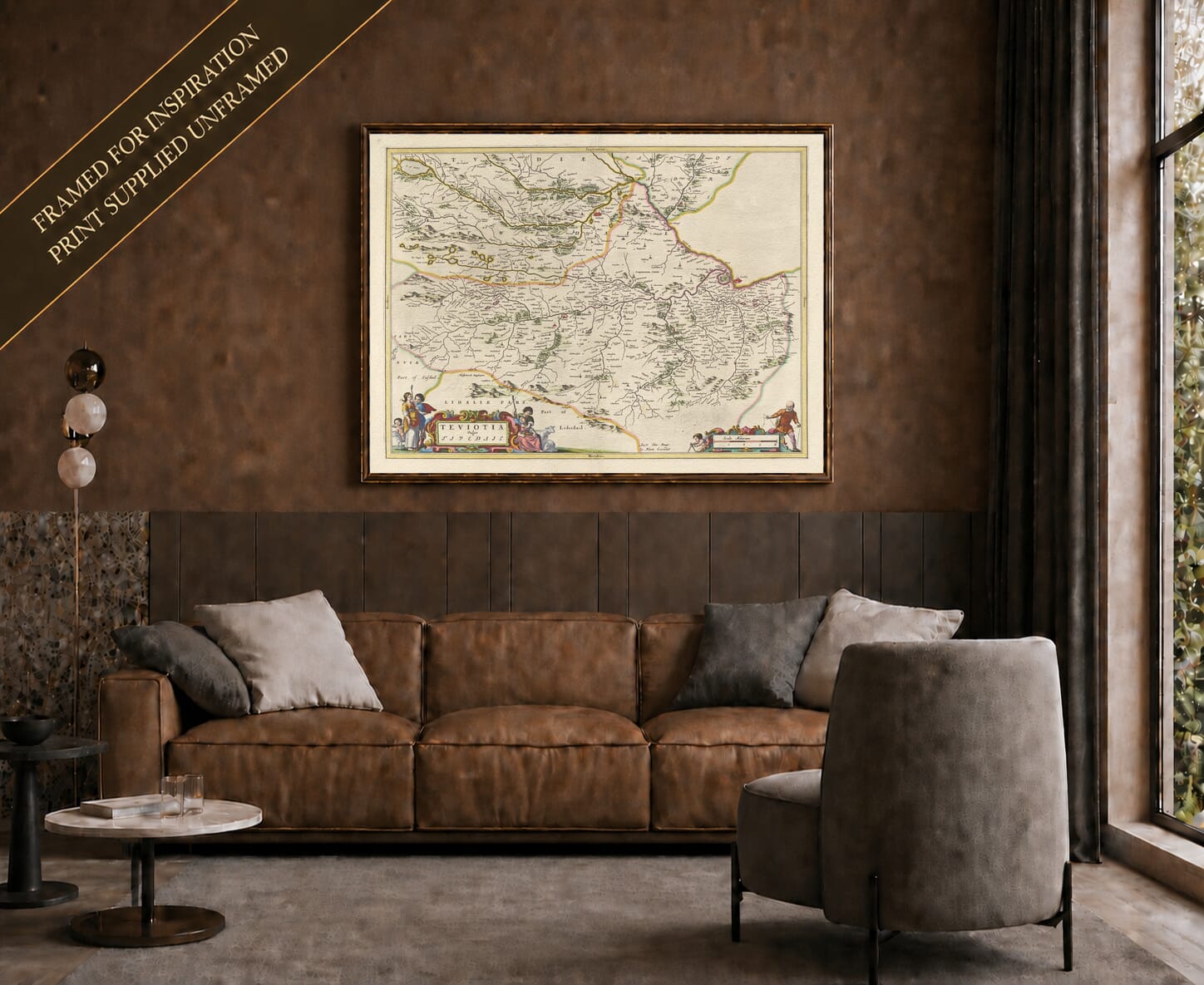 Joan Blaeu's old map of Teviotdale shown framed; print supplied unframed