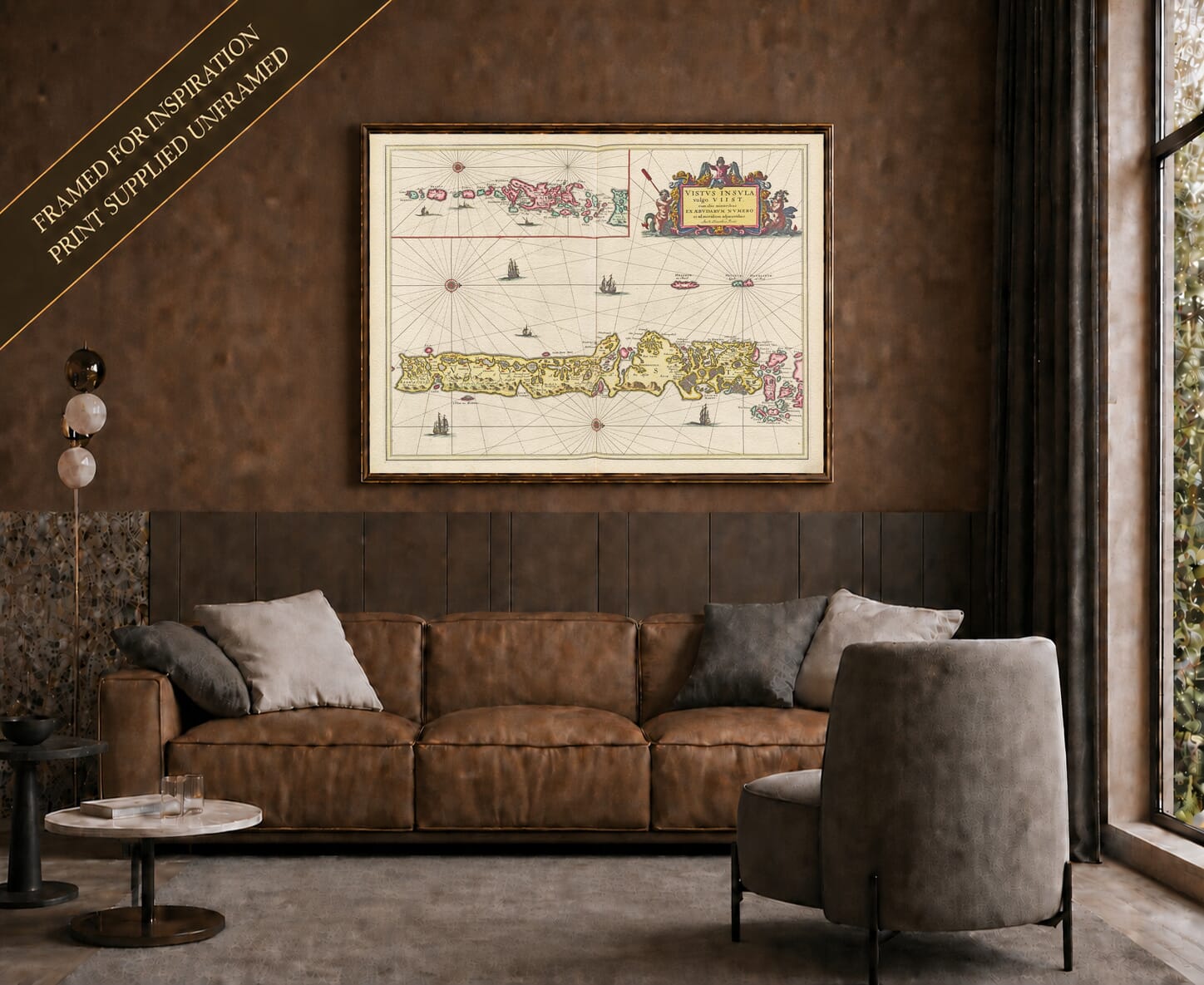 Joan Blaeu's old map of Uists And Barra shown framed; print supplied unframed