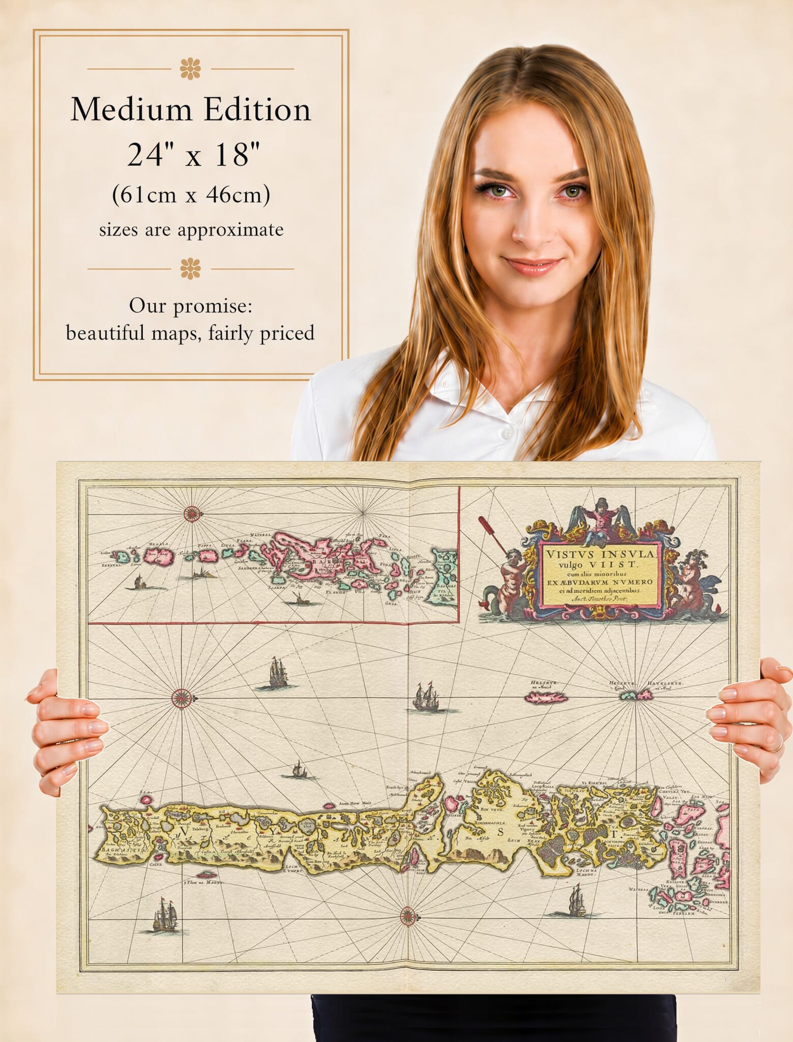 Lady holding the Medium Edition of Joan Blaeu's old map of Uists And Barra