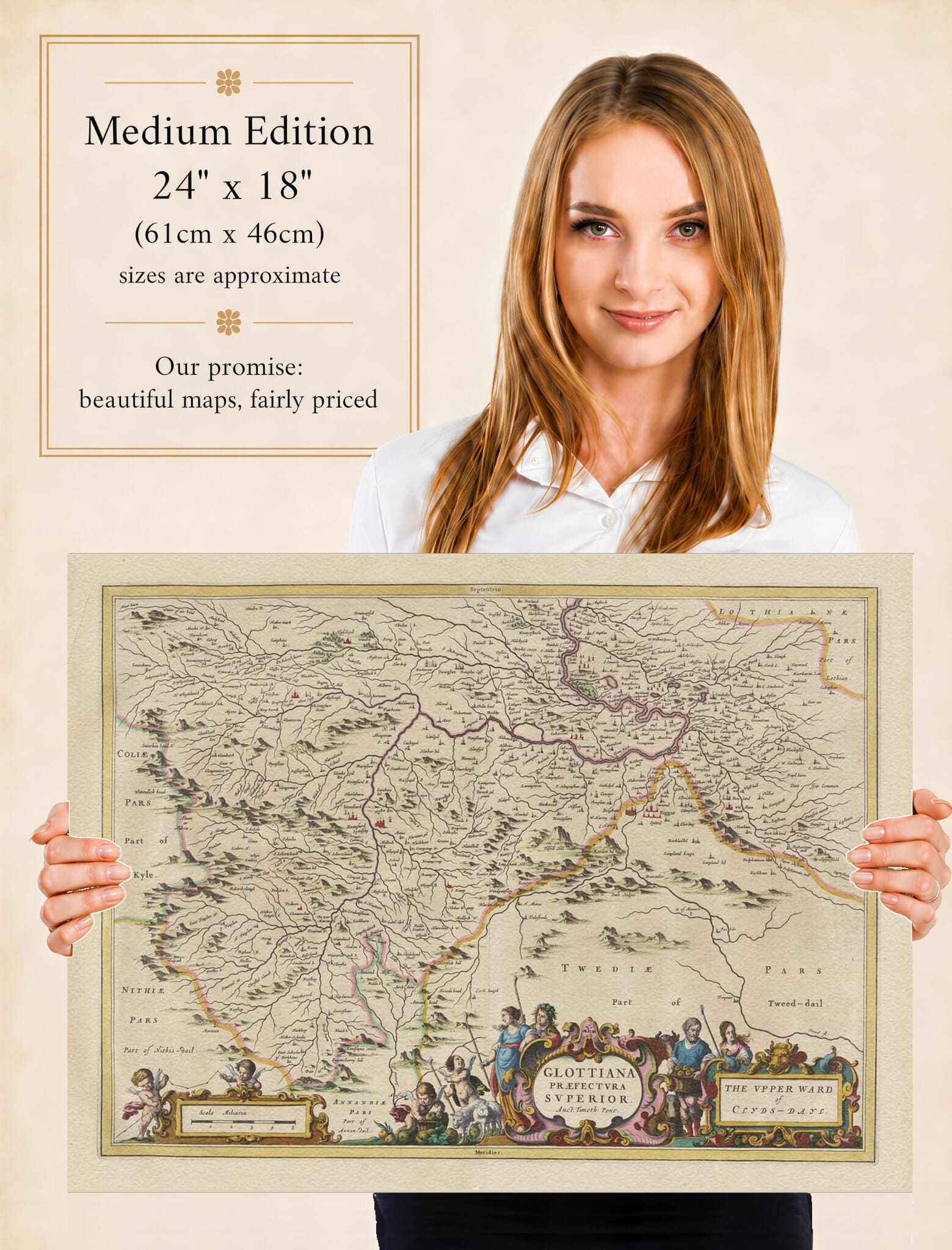 Lady holding the Medium Edition of Joan Blaeu's old map of Upper Clydesdale