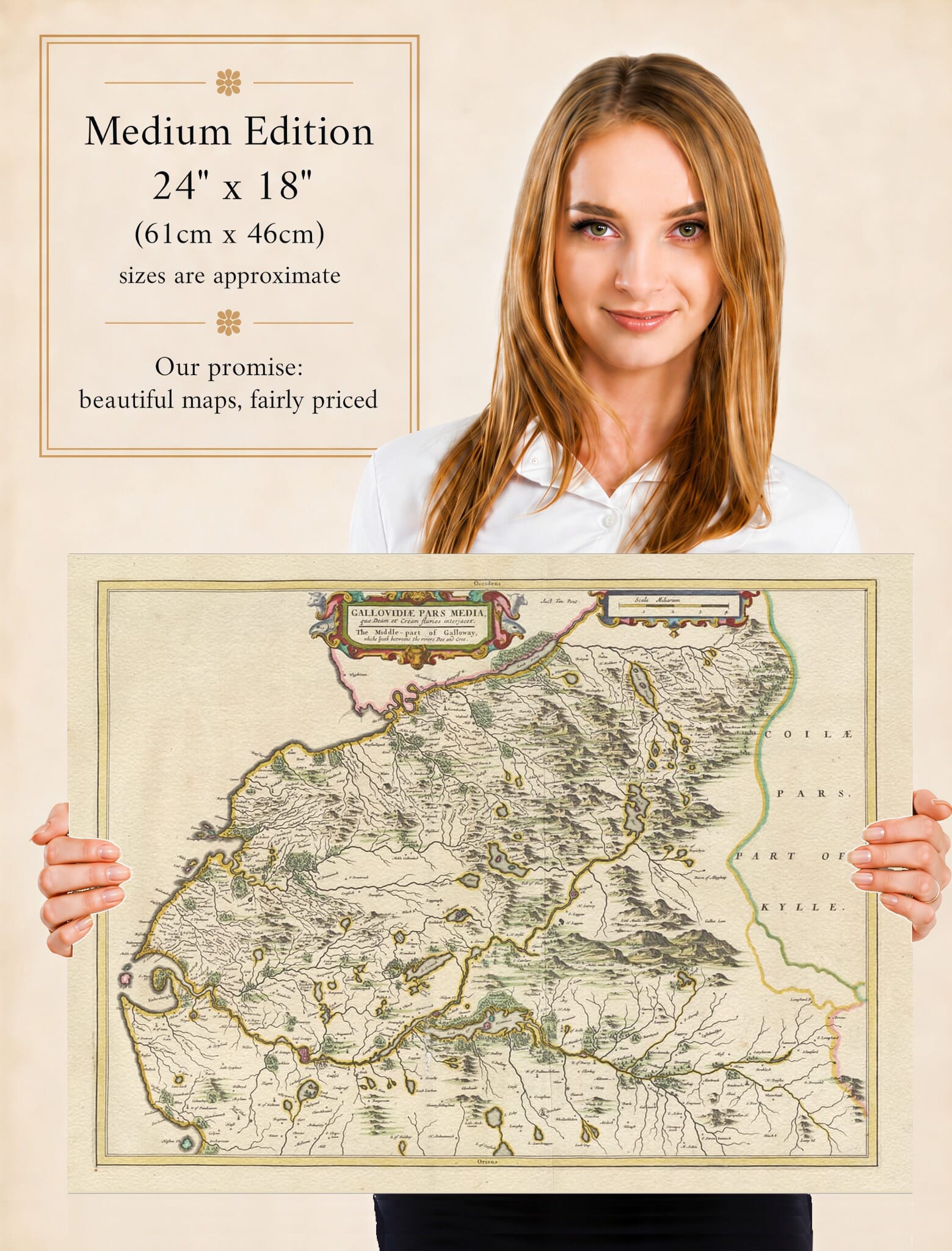 Lady holding the Medium Edition of Joan Blaeu's old map of West Kirkcudbright