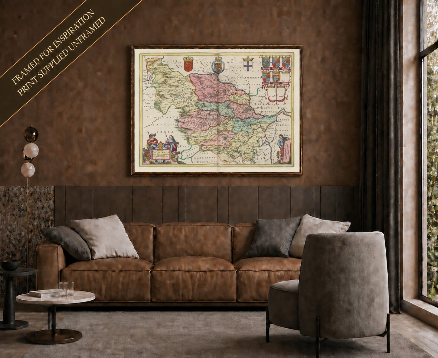 Joan Blaeu's old map of West Yorkshire shown framed; print supplied unframed