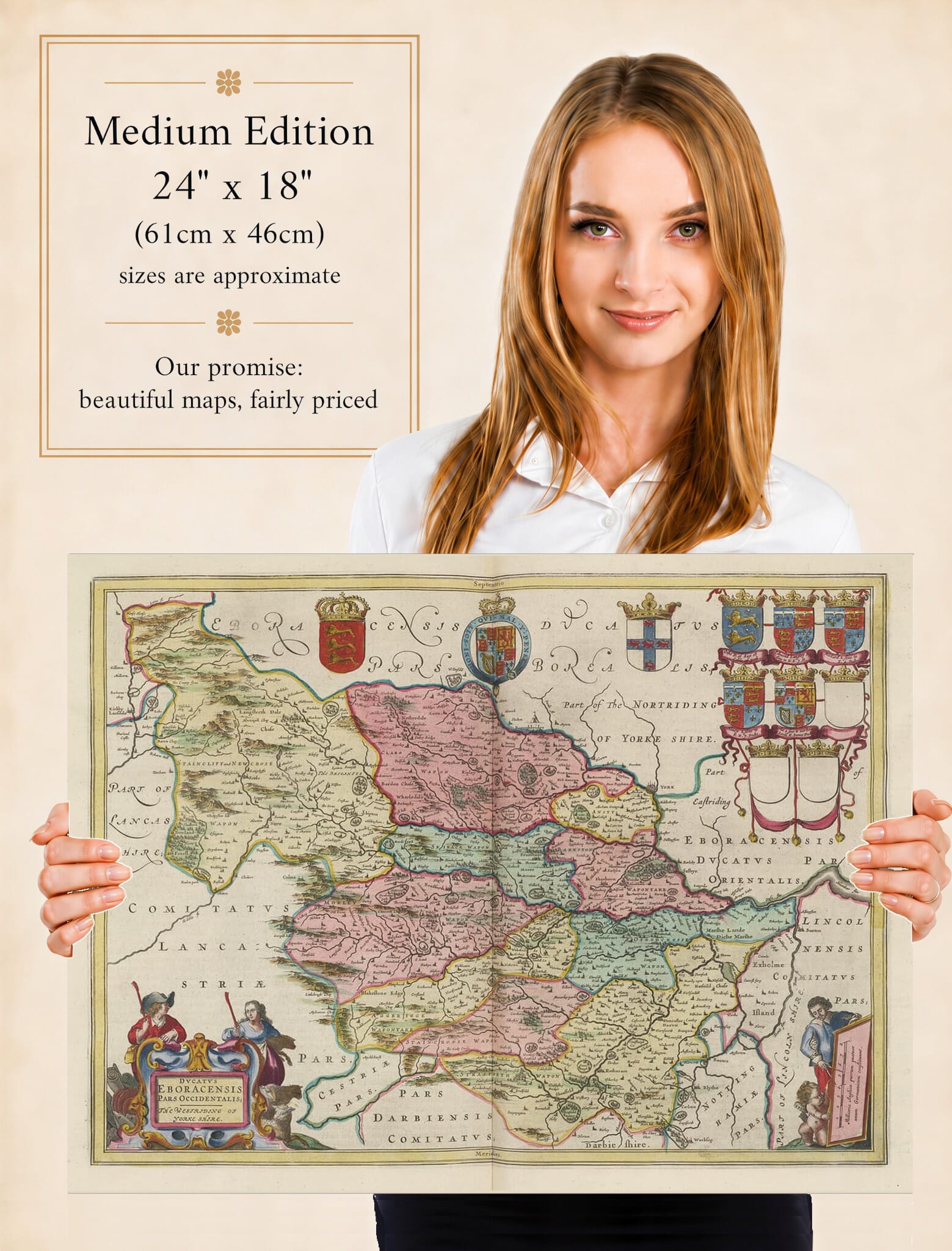 Lady holding the Medium Edition of Joan Blaeu's old map of West Yorkshire