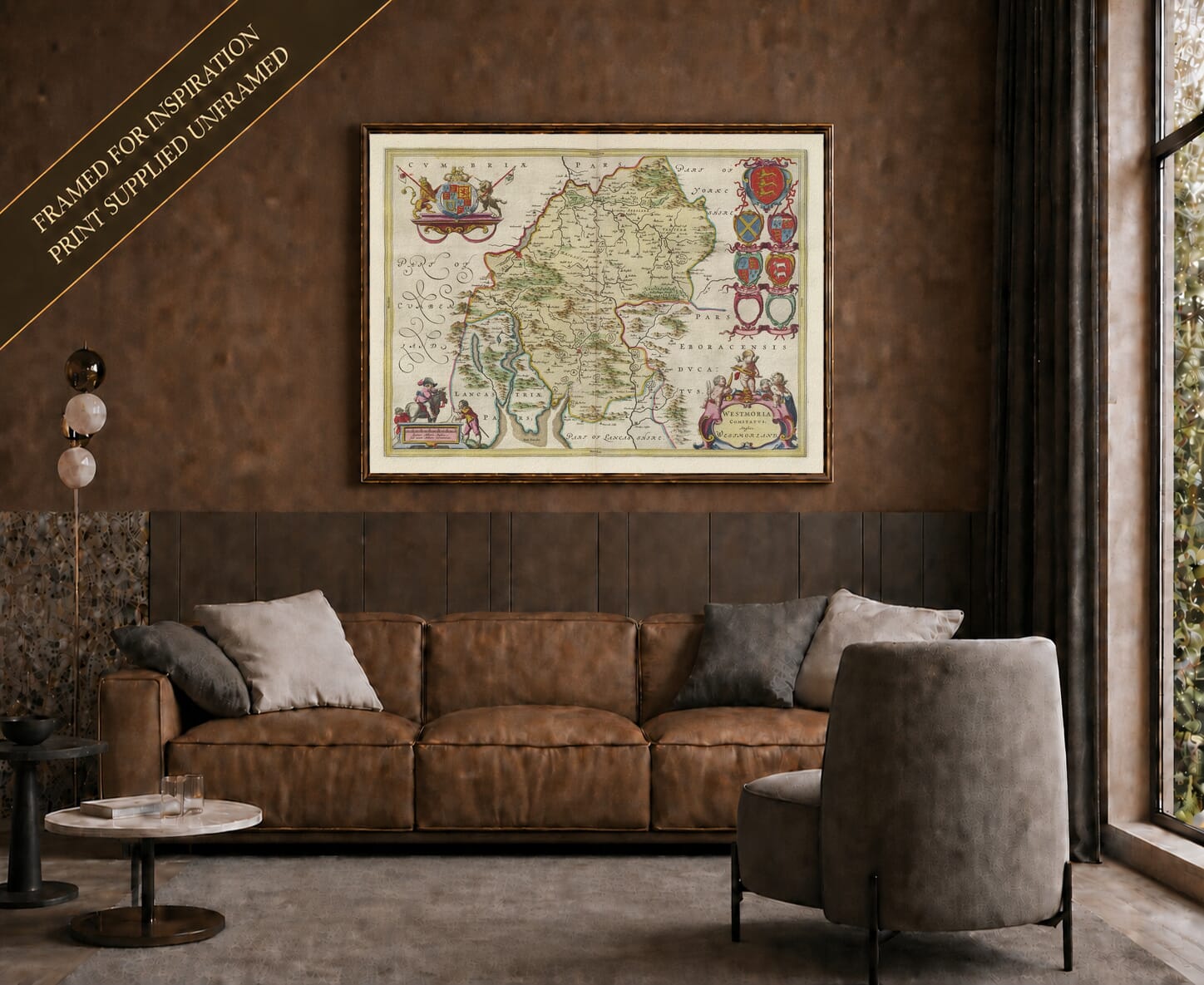 Joan Blaeu's old map of Westmorland shown framed; print supplied unframed