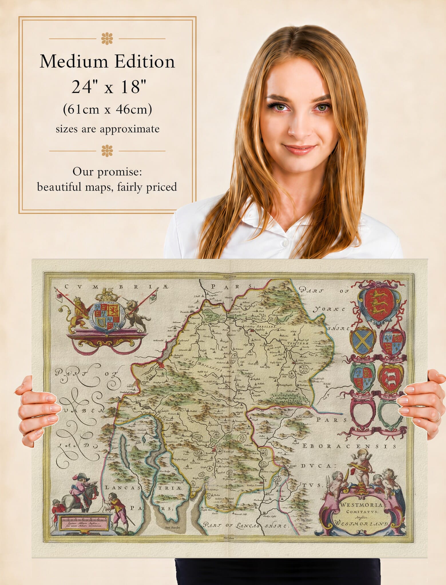 Lady holding the Medium Edition of Joan Blaeu's old map of Westmorland