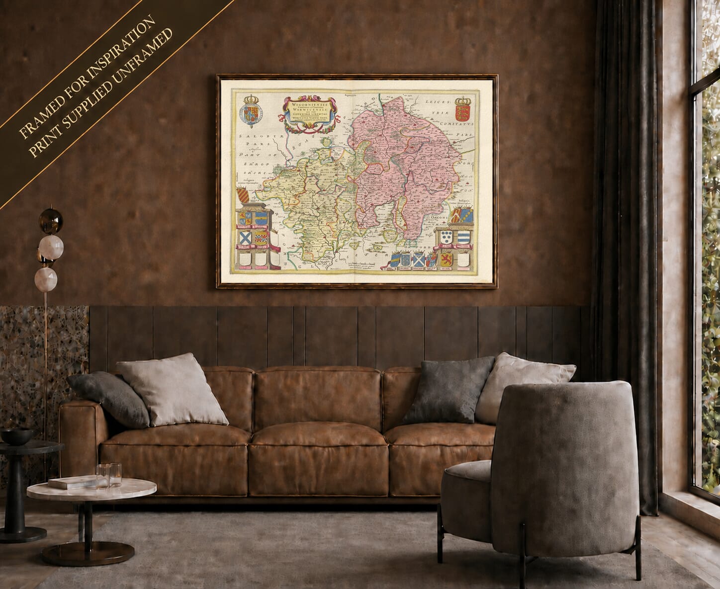 Joan Blaeu's old map of Worcestershire And Warwickshire shown framed; print supplied unframed