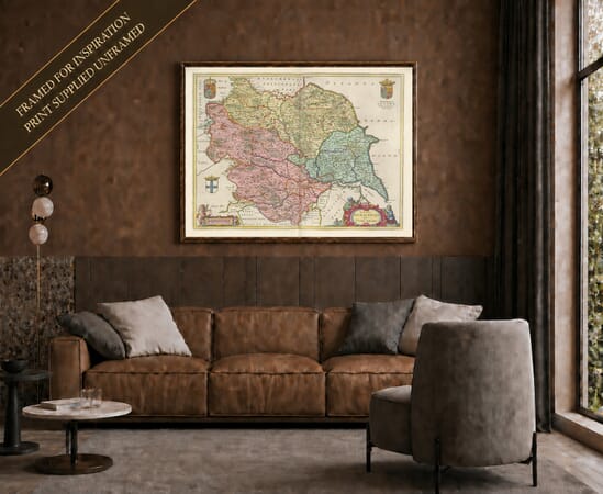 Joan Blaeu's old map of Yorkshire shown framed; print supplied unframed