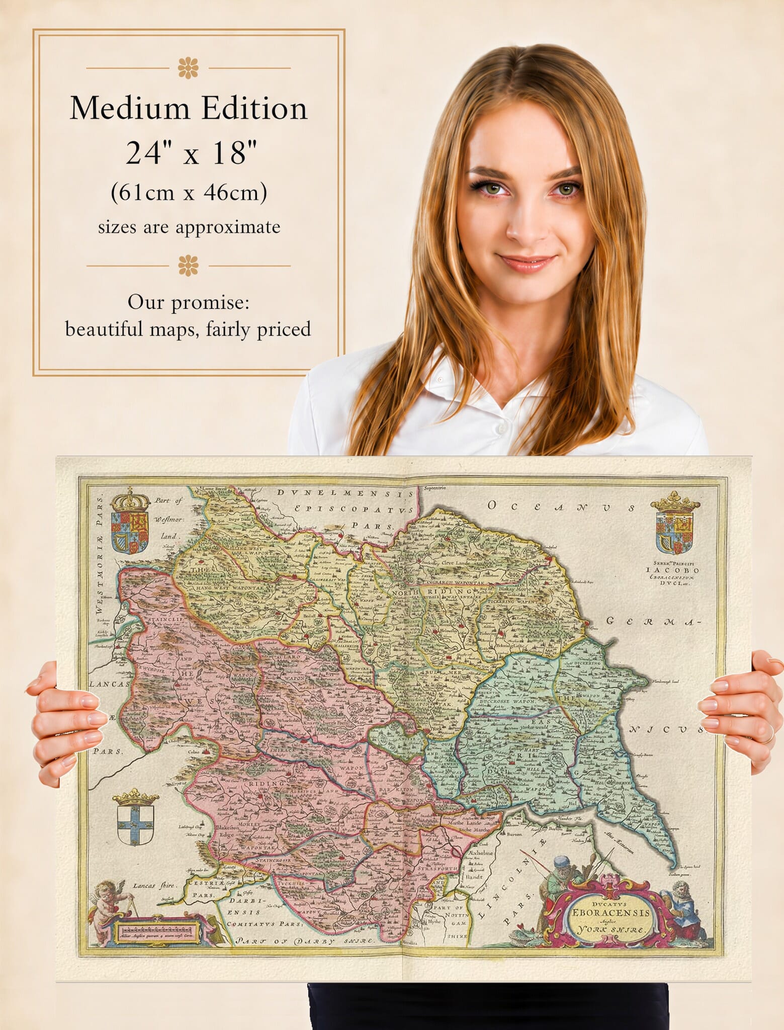 Lady holding the Medium Edition of Joan Blaeu's old map of Yorkshire