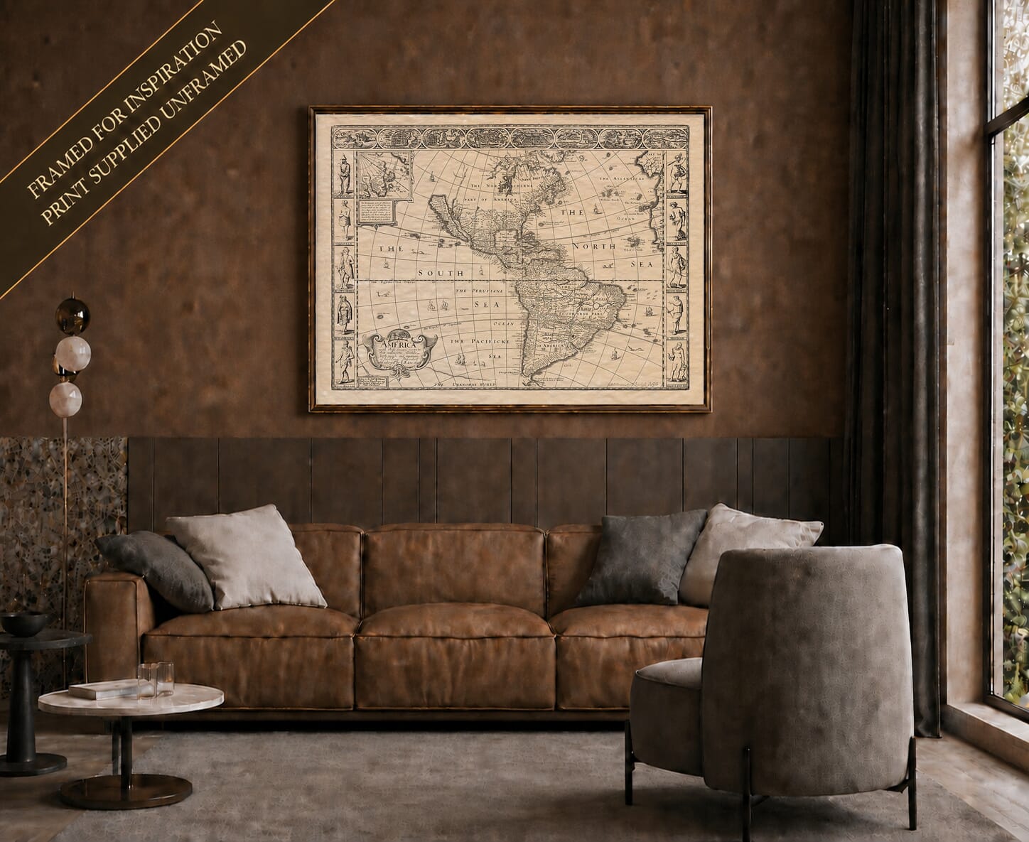 Old map of America shown framed on a living-room wall