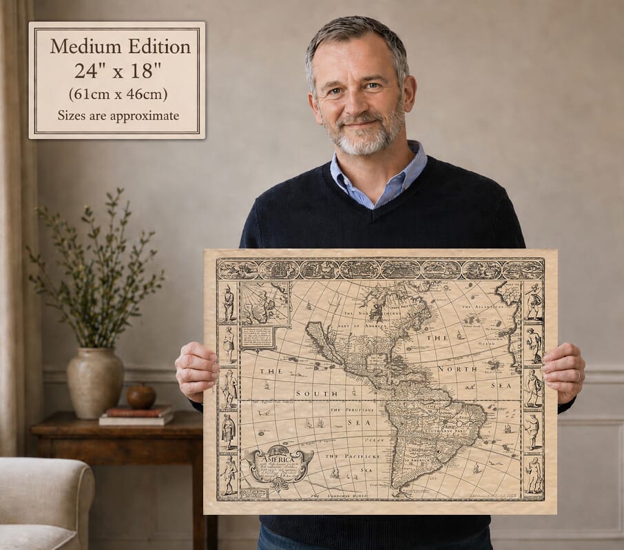 Model holding the Medium Edition old map of America