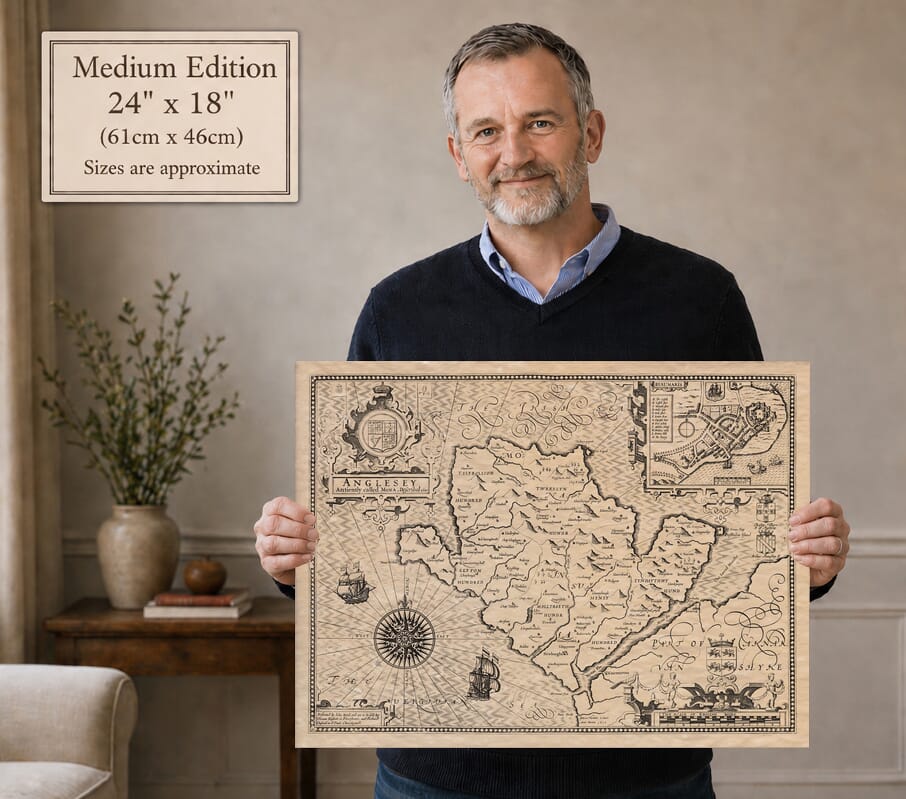 Model holding the Medium Edition old map of Anglesey