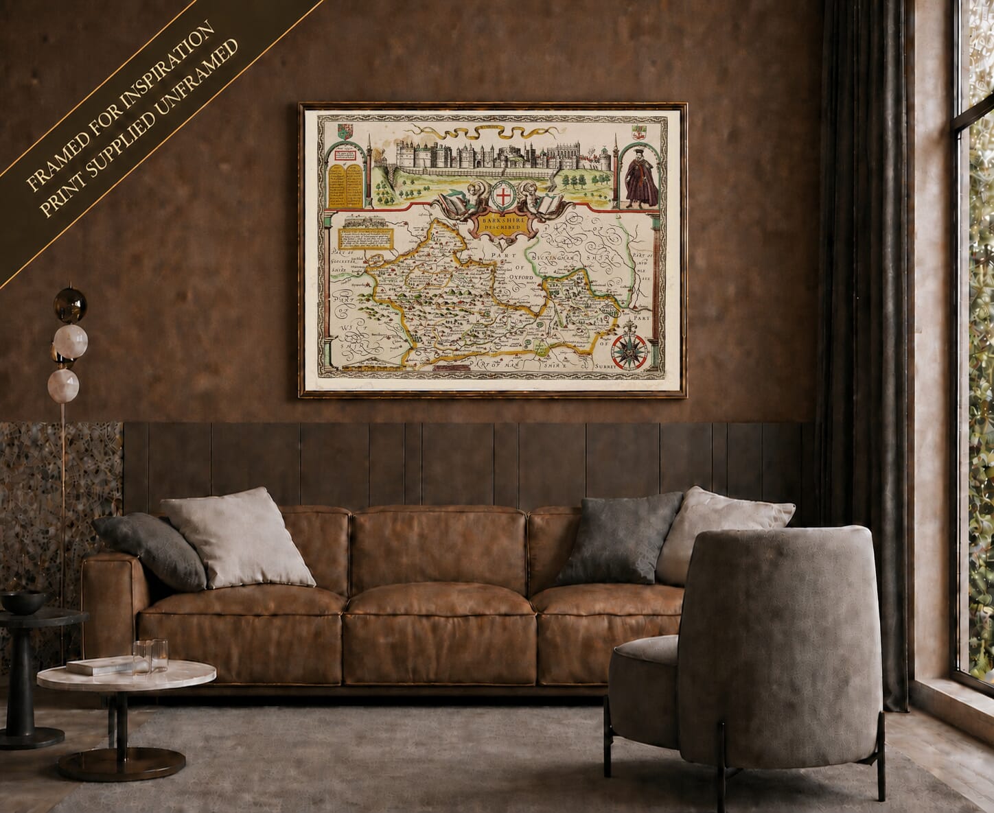 Old map of Berkshire Coloured shown framed on a living-room wall