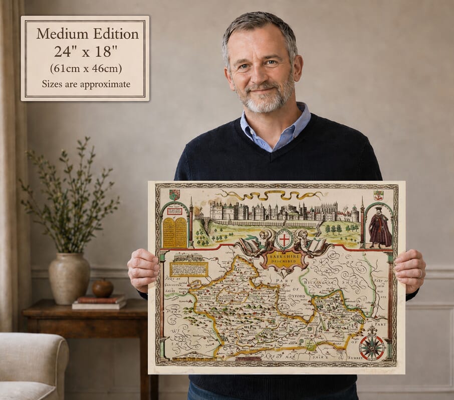 Model holding the Medium Edition old map of Berkshire Coloured