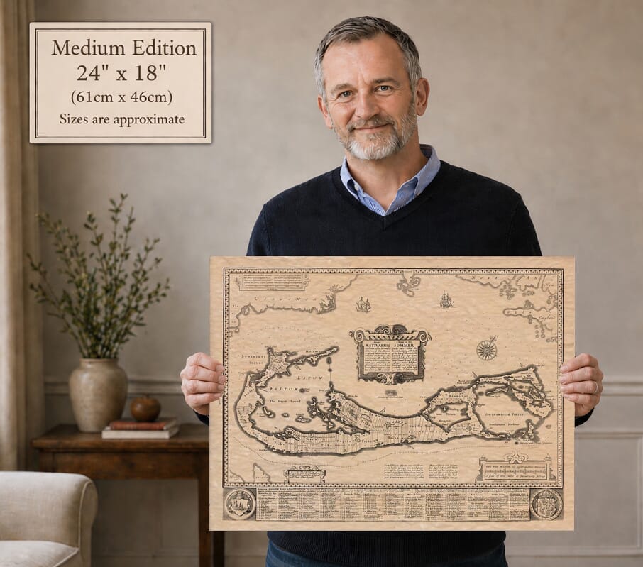 Model holding the Medium Edition old map of Bermuda