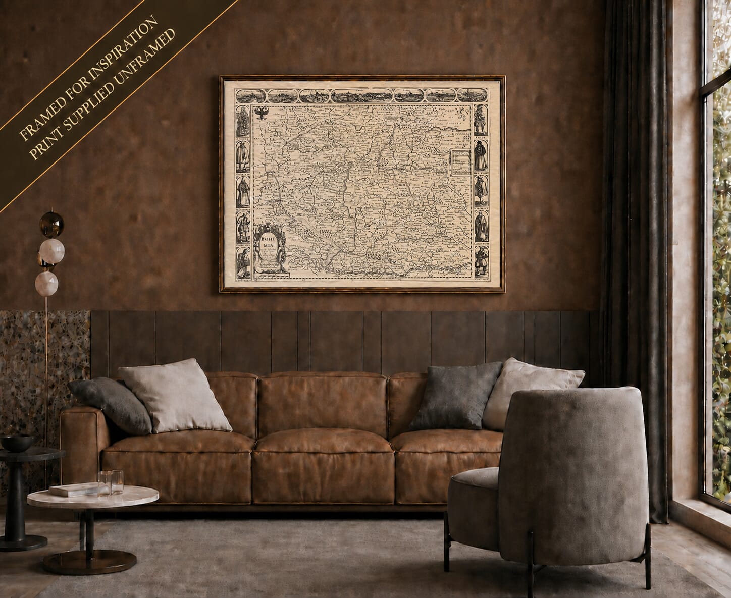 Old map of Bohemia shown framed on a living-room wall