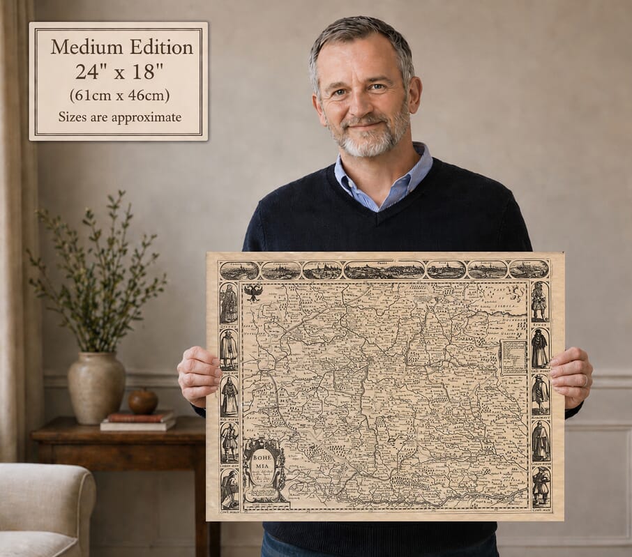 Model holding the Medium Edition old map of Bohemia
