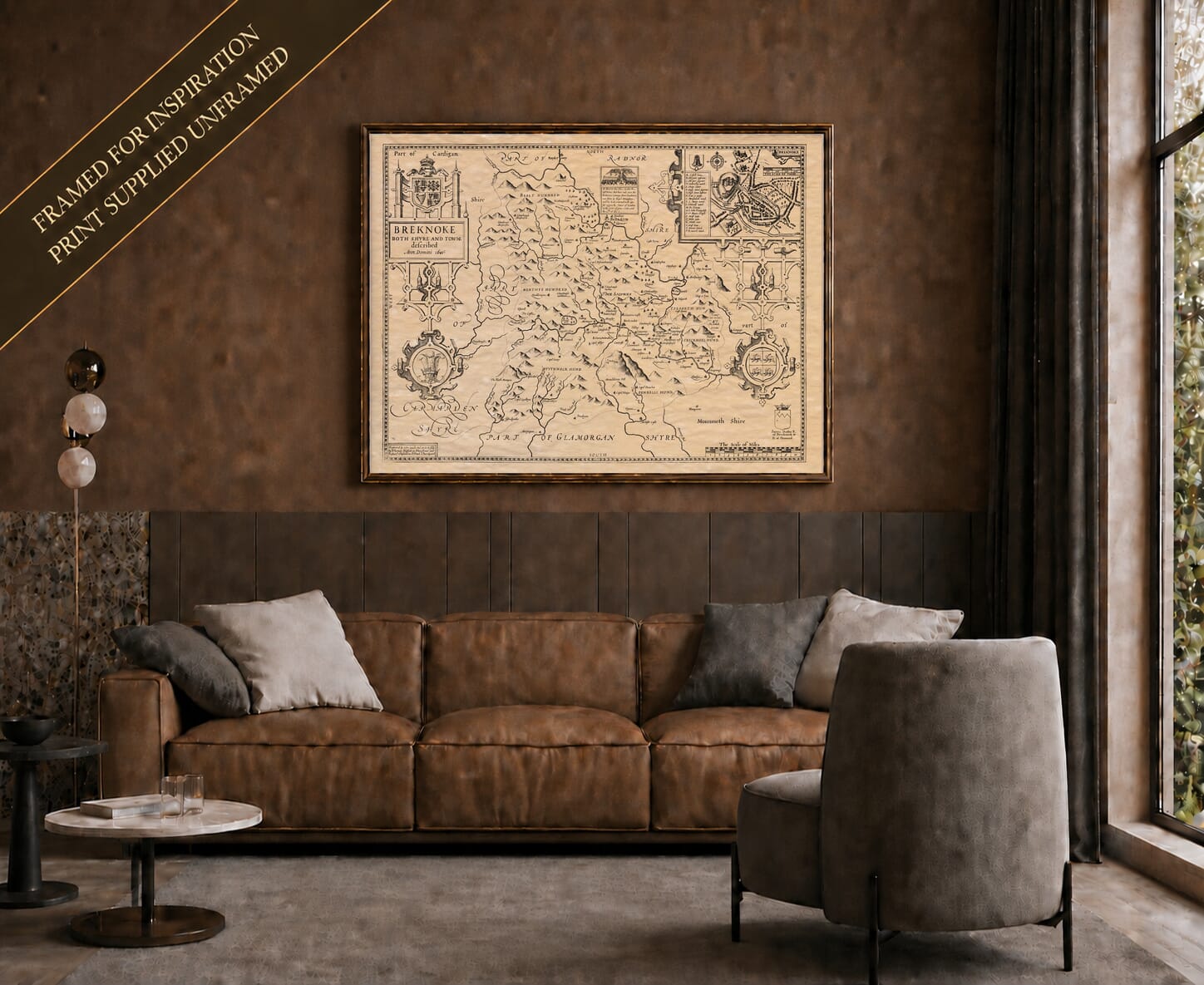 Old map of Breconshire shown framed on a living-room wall