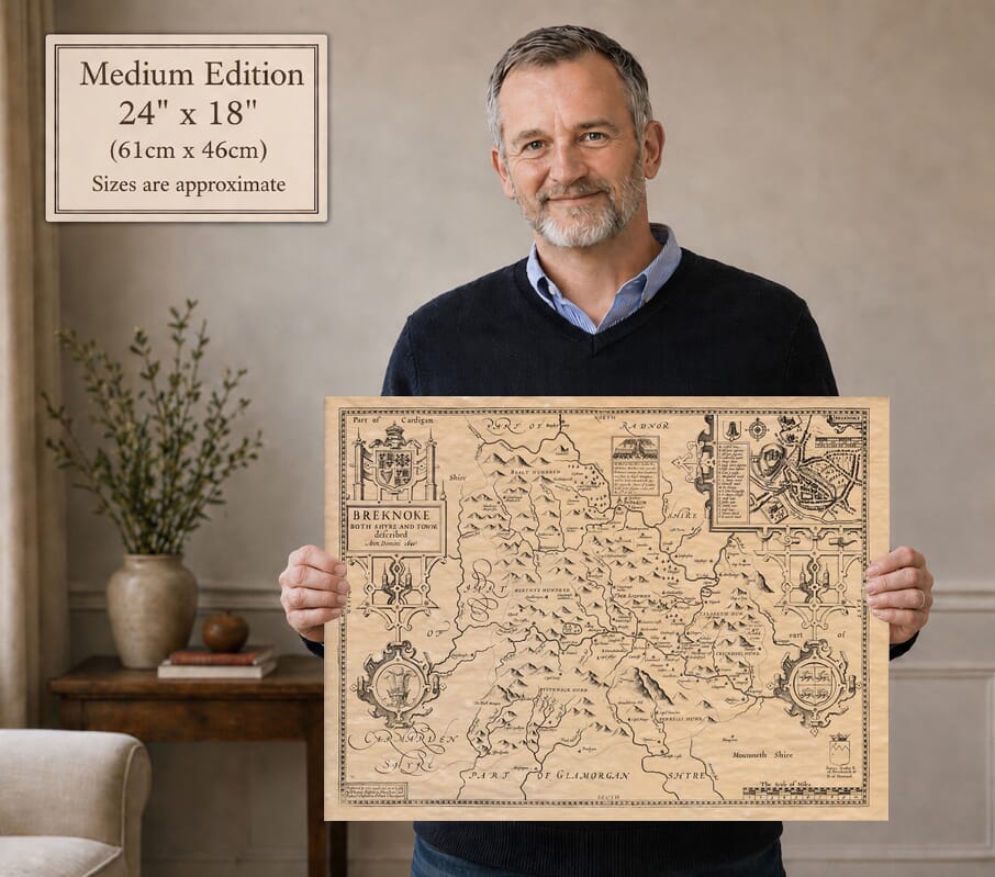 Model holding the Medium Edition old map of Breconshire