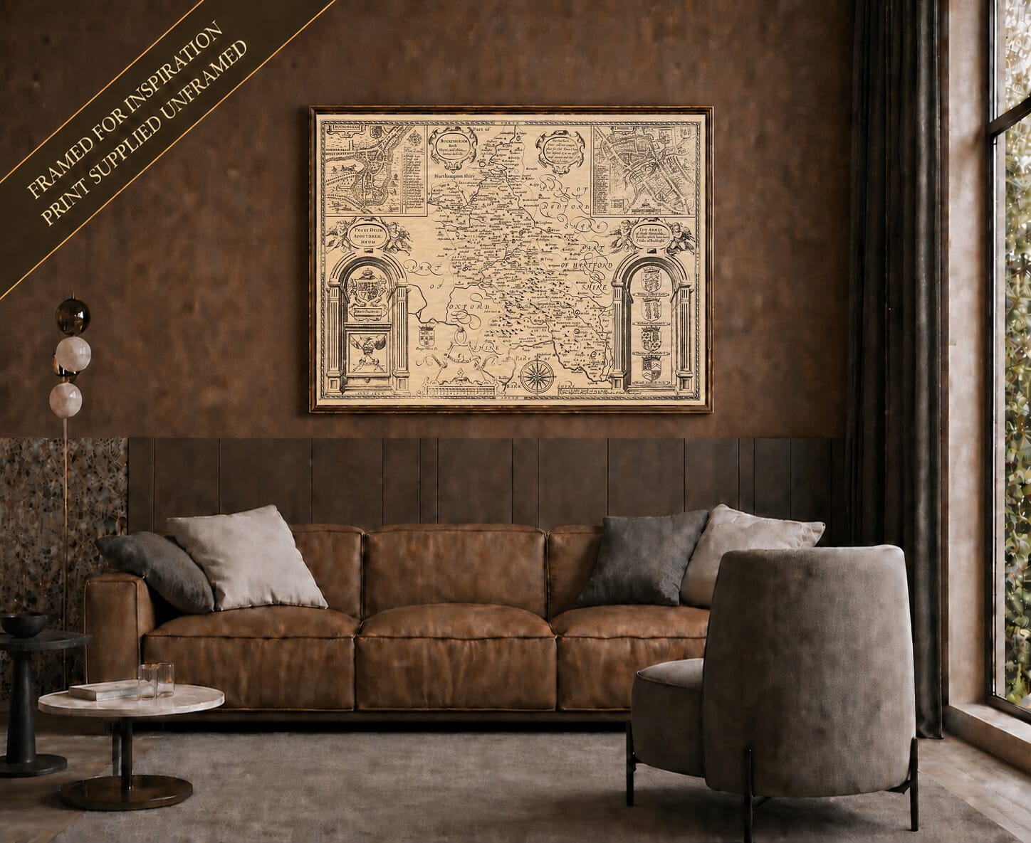 Old map of Buckinghamshire shown framed on a living-room wall