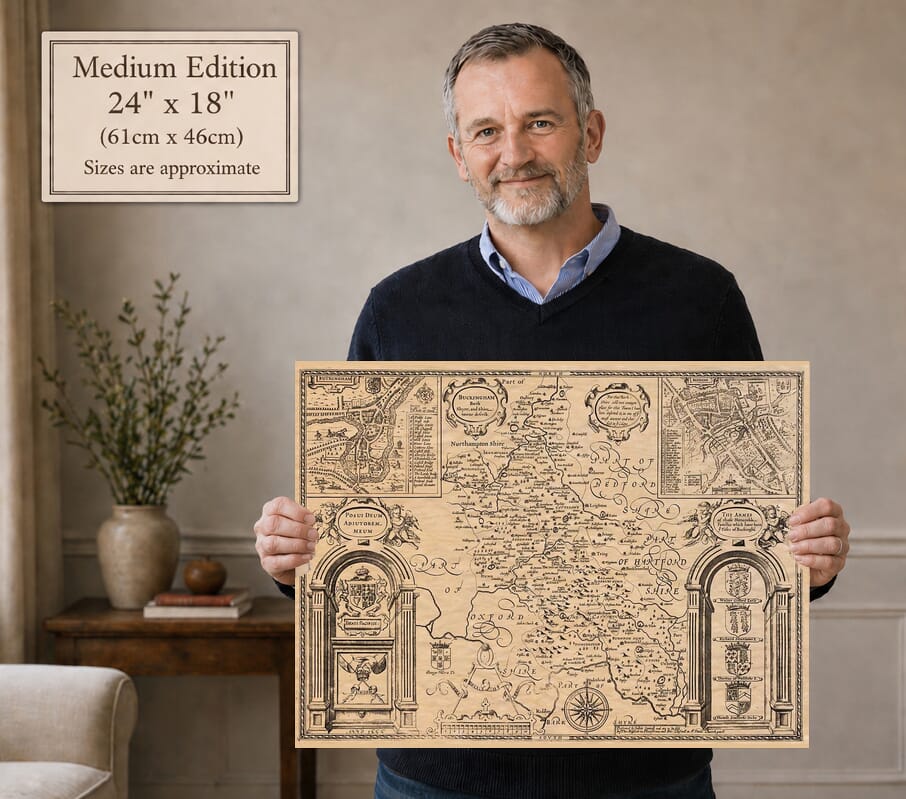 Model holding the Medium Edition old map of Buckinghamshire