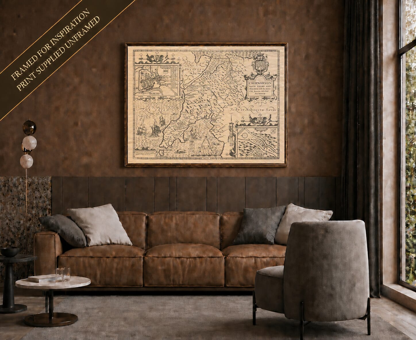 Old map of Caernarvonshire shown framed on a living-room wall