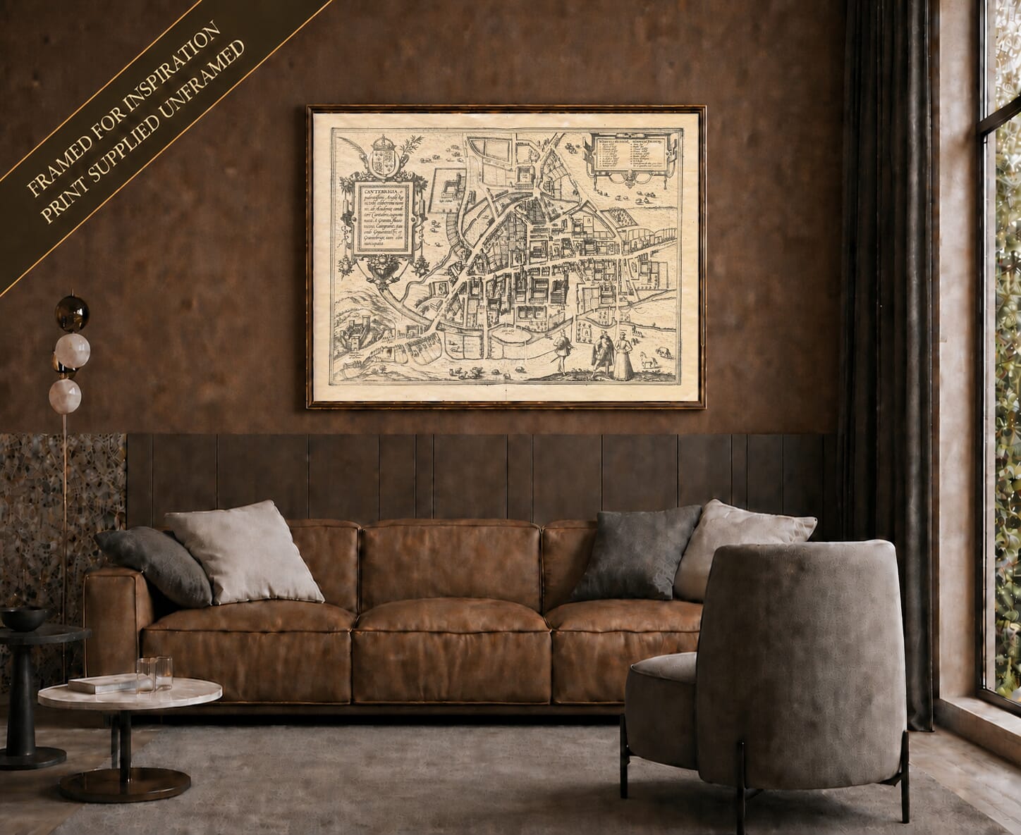 Braun and Hogenberg’s Cambridge map shown framed above a sofa
