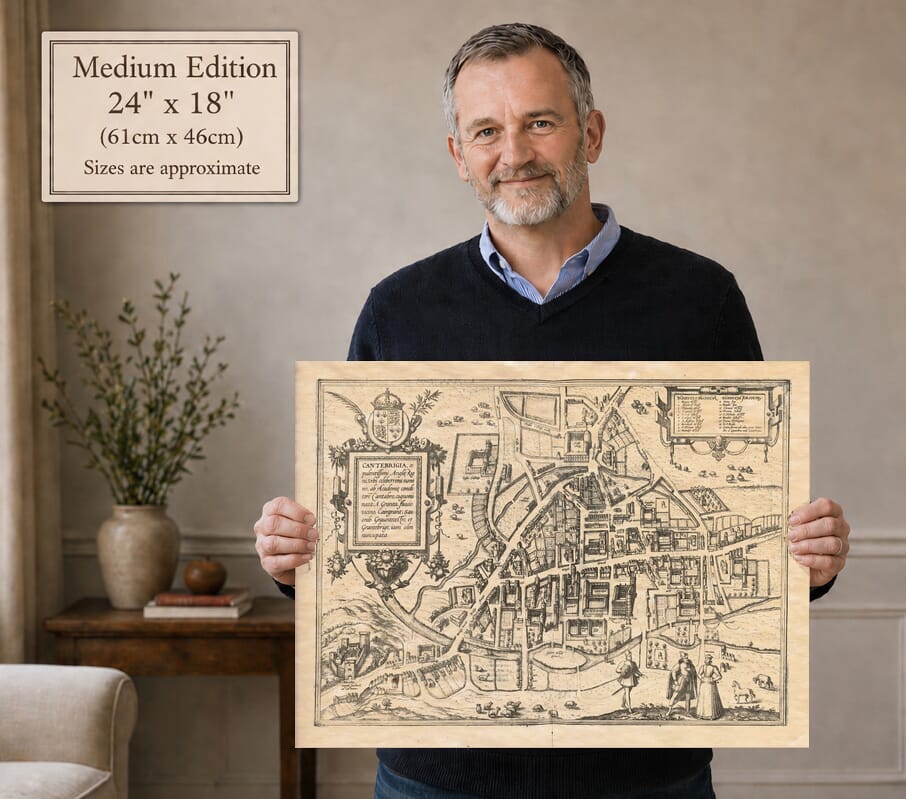Model holding the Medium edition fine art print of Braun and Hogenberg’s Cambridge map