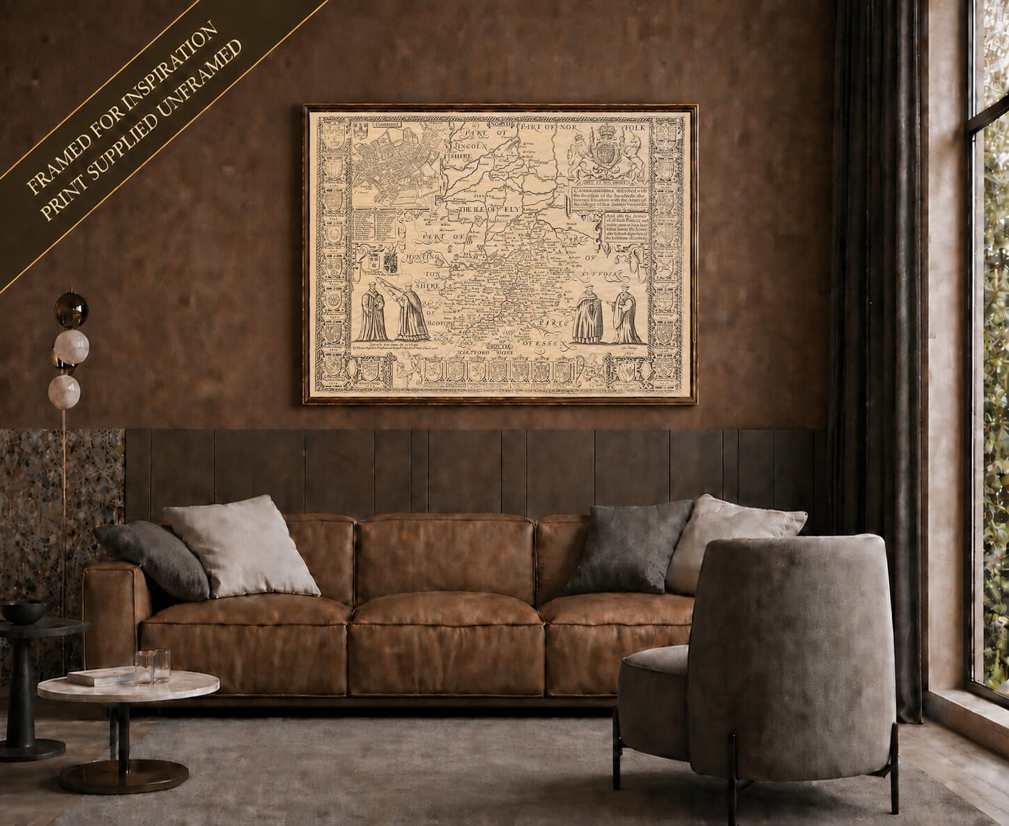 Old map of Cambridgeshire shown framed on a living-room wall