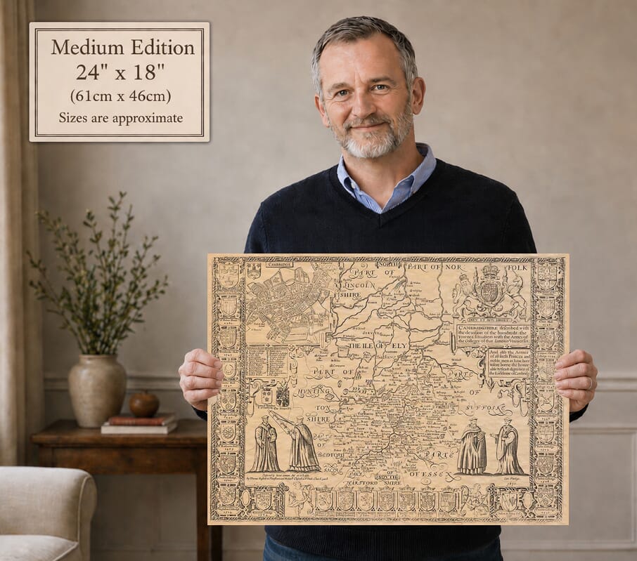 Model holding the Medium Edition old map of Cambridgeshire
