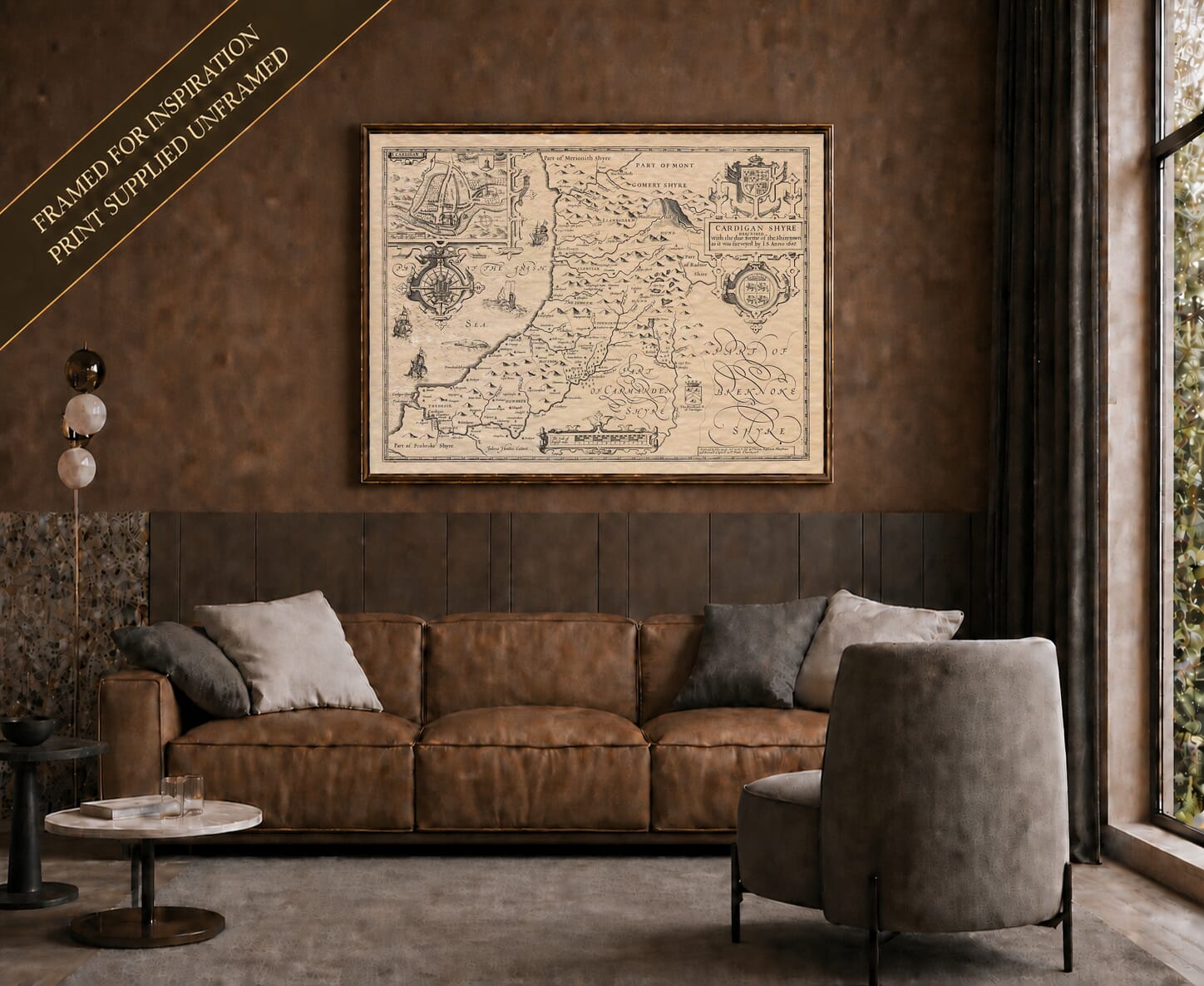 Old map of Cardiganshire shown framed on a living-room wall