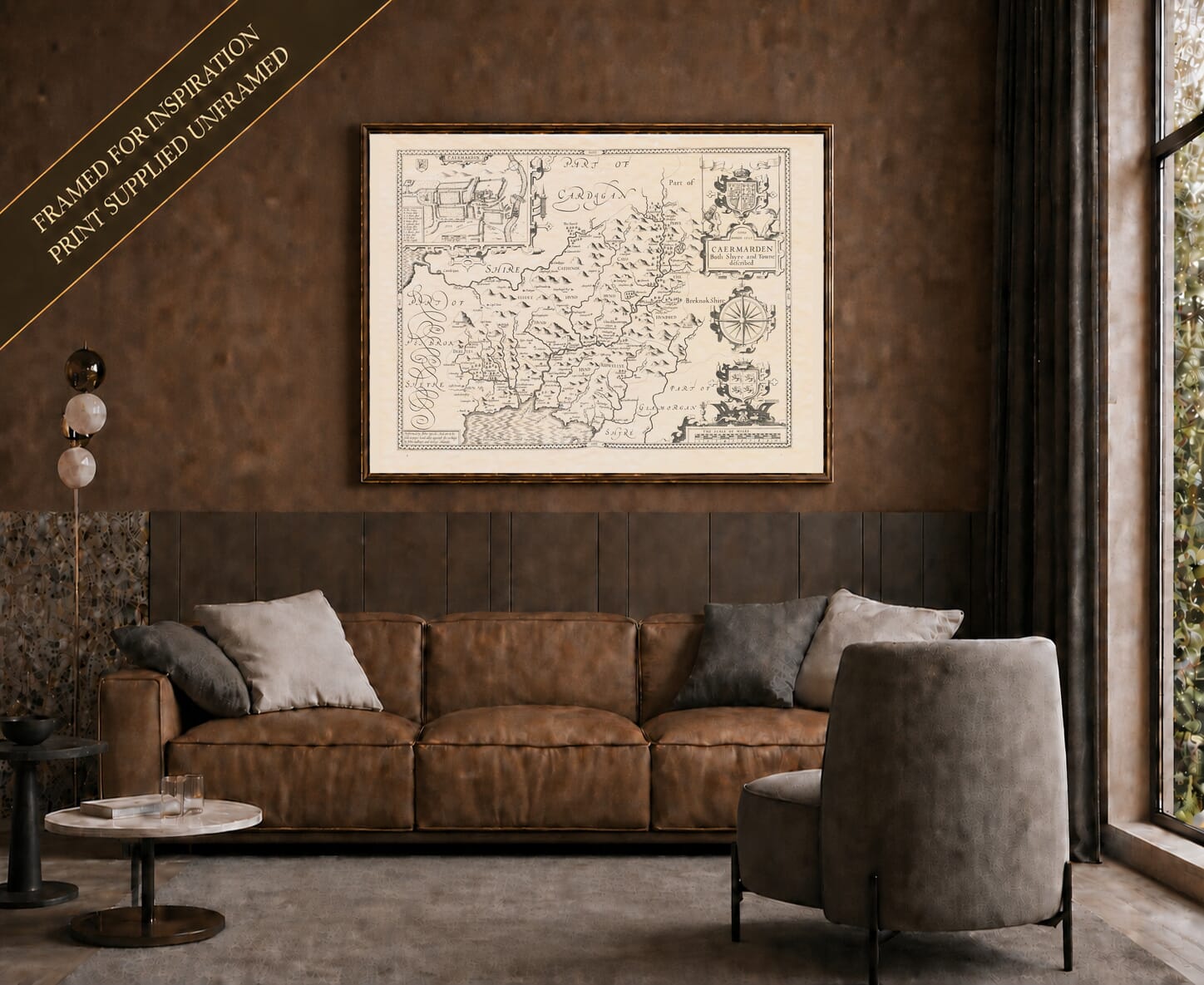 Old map of Carmarthenshire shown framed on a living-room wall