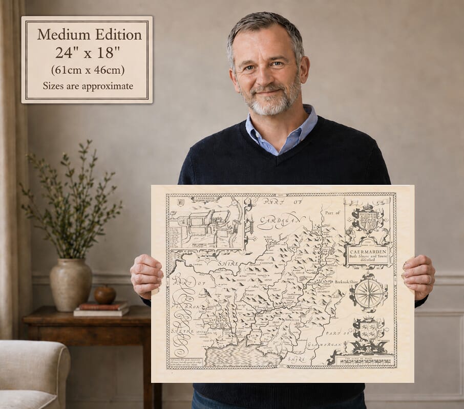 Model holding the Medium Edition old map of Carmarthenshire