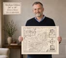 Model holding the Medium Edition old map of Carmarthenshire