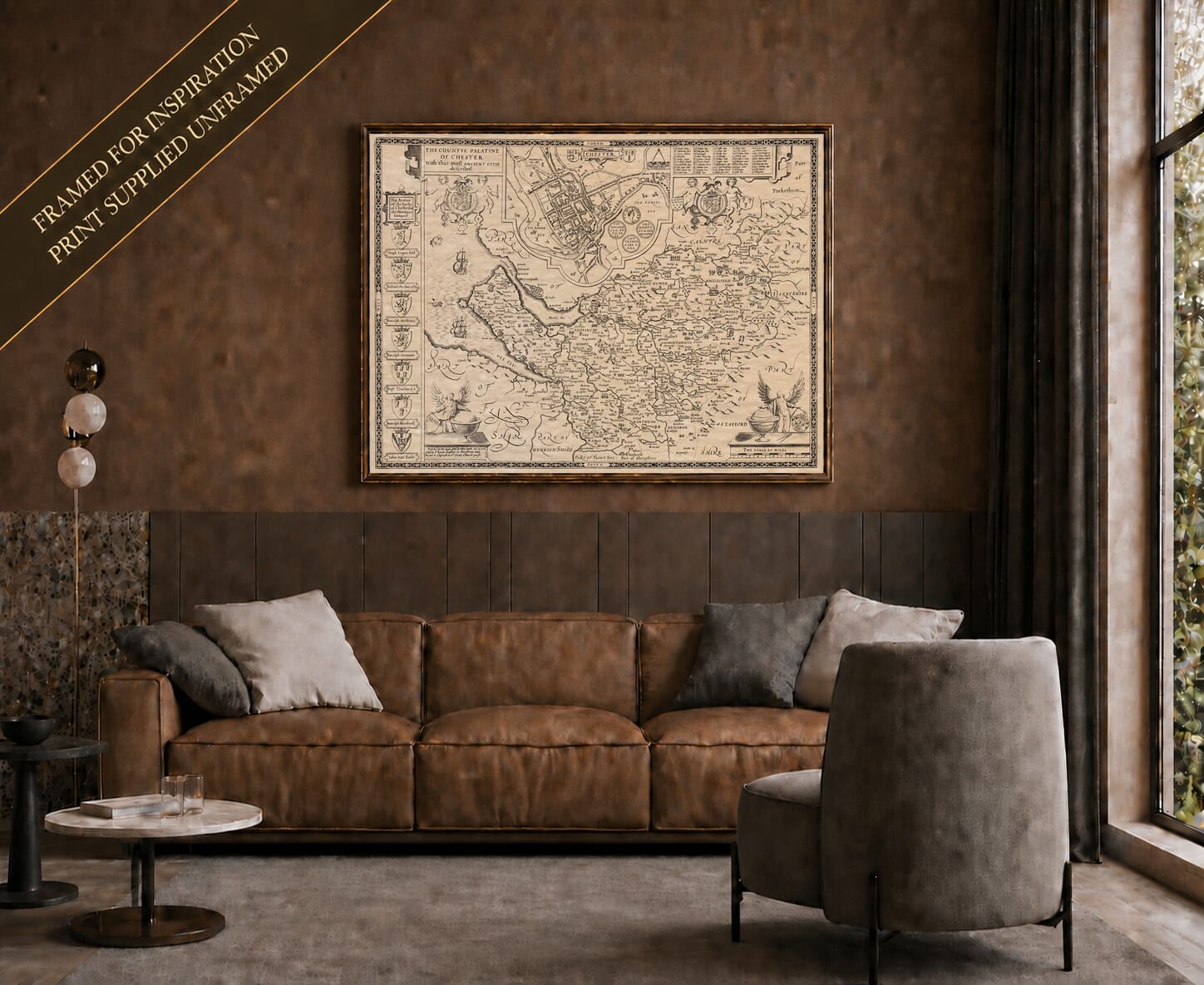 Old map of Cheshire shown framed on a living-room wall