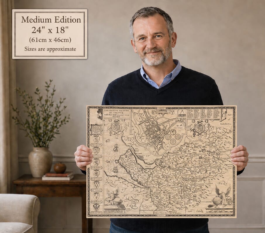 Model holding the Medium Edition old map of Cheshire